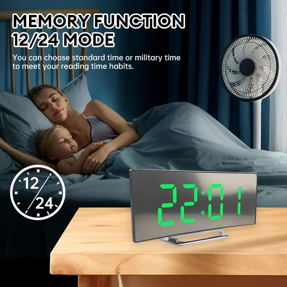 Digital Alarm Clock Bedside, LED Bedside Clock with 7" Curved Screen, Snooze, USB Charging Port and battery powered, for Heavy Sleepers, Travel clock, 12/24 Hour system