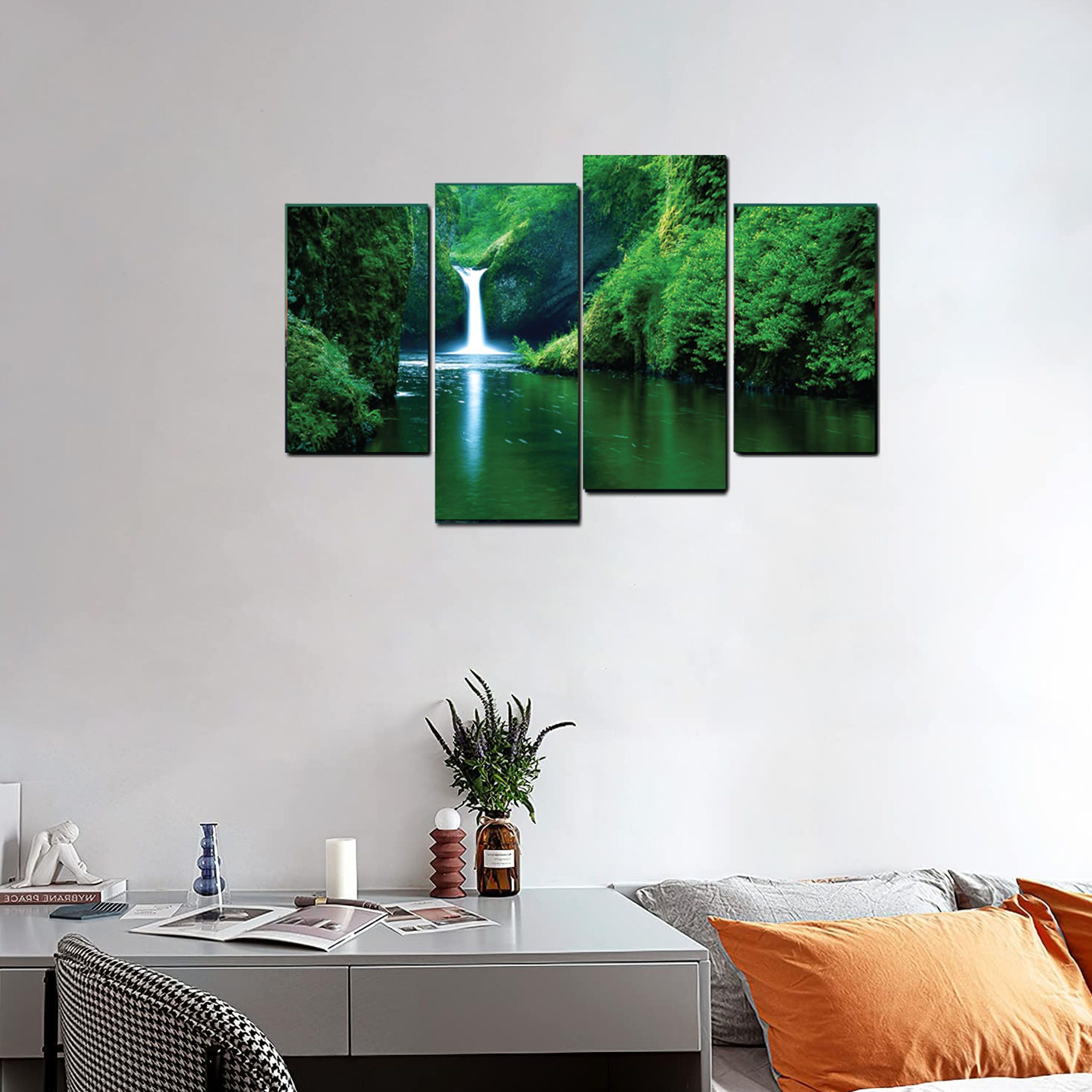 4 piece Wal Decor Wall Hanging Nature Picture with Waterfall Ready to Hanf, Printed Canvas mounted nunted on 5 mm thicj board with sickers othe baxk