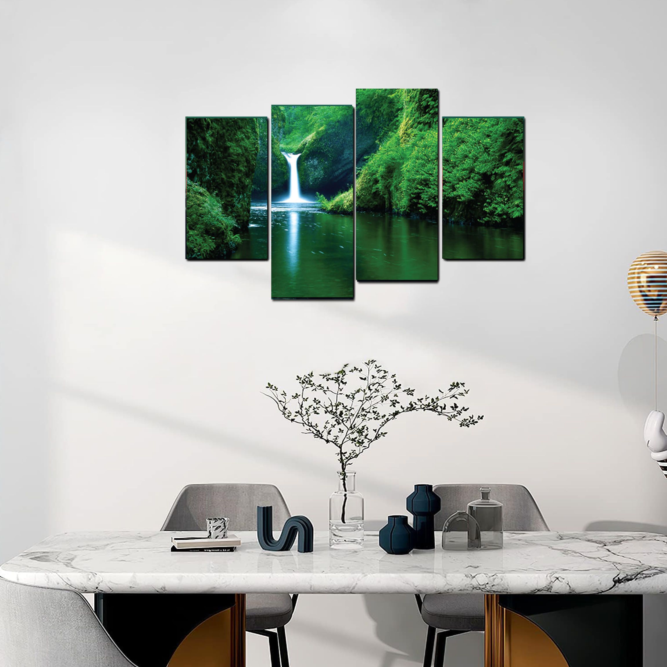 4 piece Wal Decor Wall Hanging Nature Picture with Waterfall Ready to Hanf, Printed Canvas mounted nunted on 5 mm thicj board with sickers othe baxk