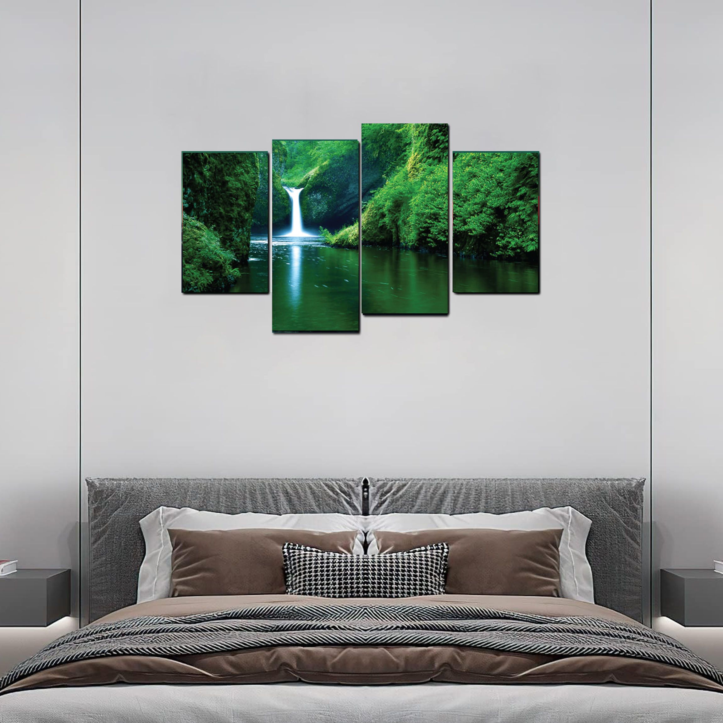 4 piece Wal Decor Wall Hanging Nature Picture with Waterfall Ready to Hanf, Printed Canvas mounted nunted on 5 mm thicj board with sickers othe baxk