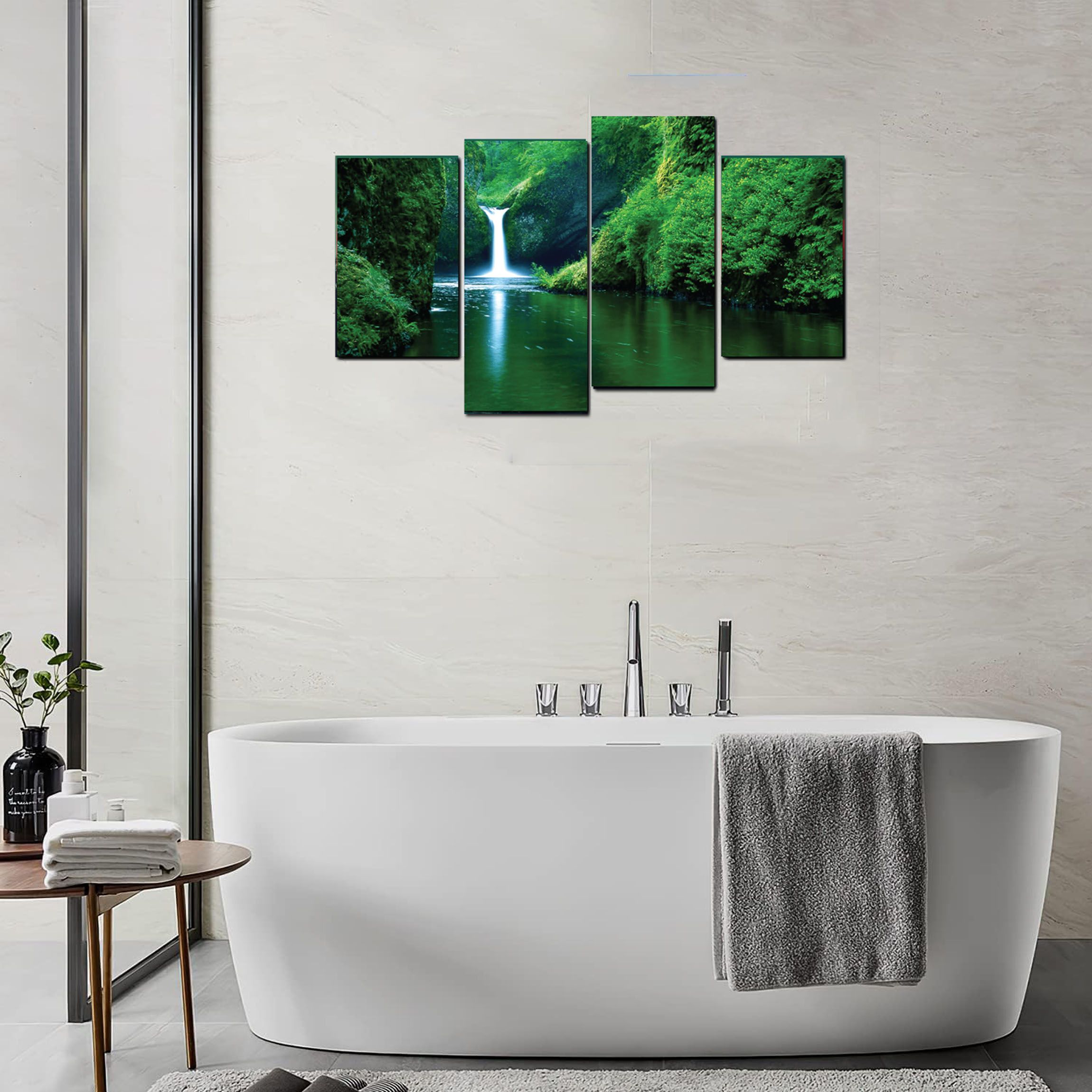 4 piece Wal Decor Wall Hanging Nature Picture with Waterfall Ready to Hanf, Printed Canvas mounted nunted on 5 mm thicj board with sickers othe baxk