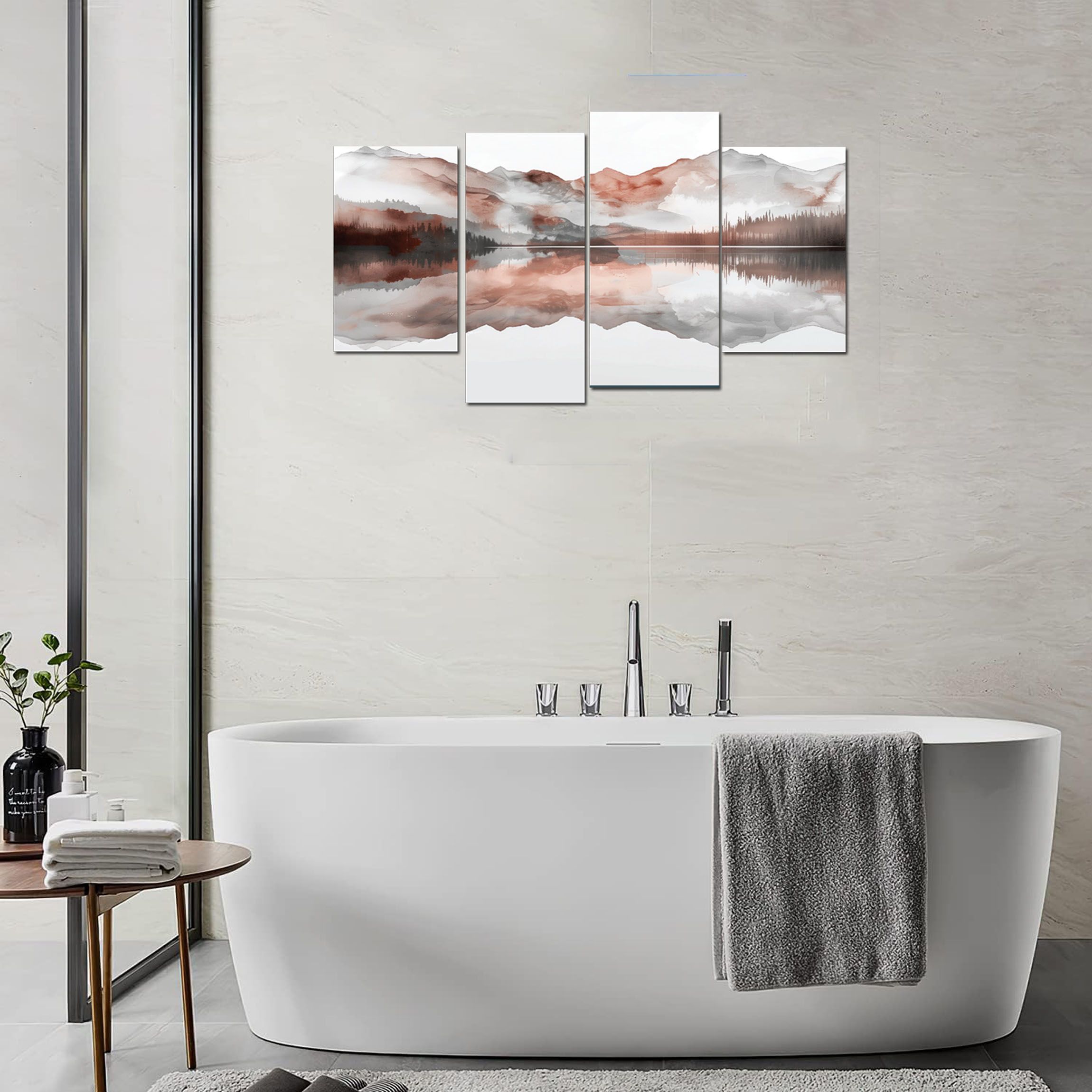 Canvas Painting 4 Pieces in 1 Mountain and Water Reflection Ready to Hang, Canvas Printed and Mounted on Board, No frame required, Buy and Hang