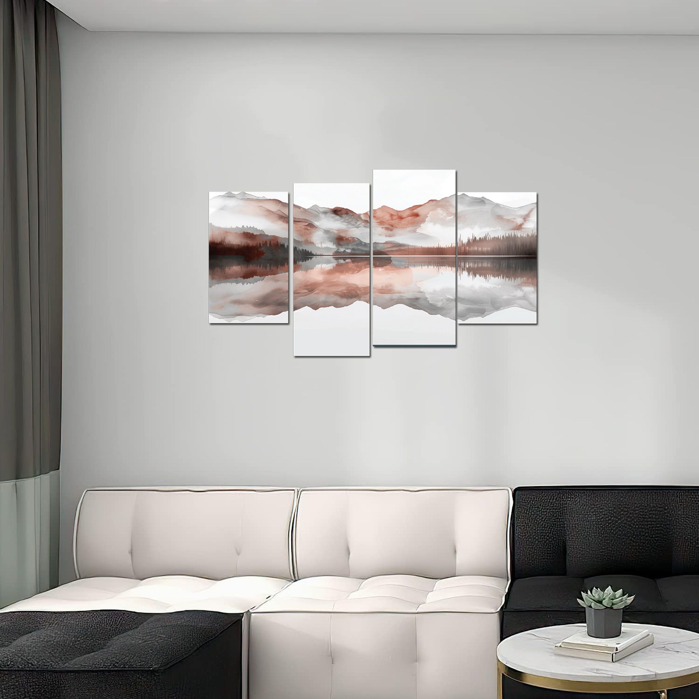 Canvas Painting 4 Pieces in 1 Mountain and Water Reflection Ready to Hang, Canvas Printed and Mounted on Board, No frame required, Buy and Hang