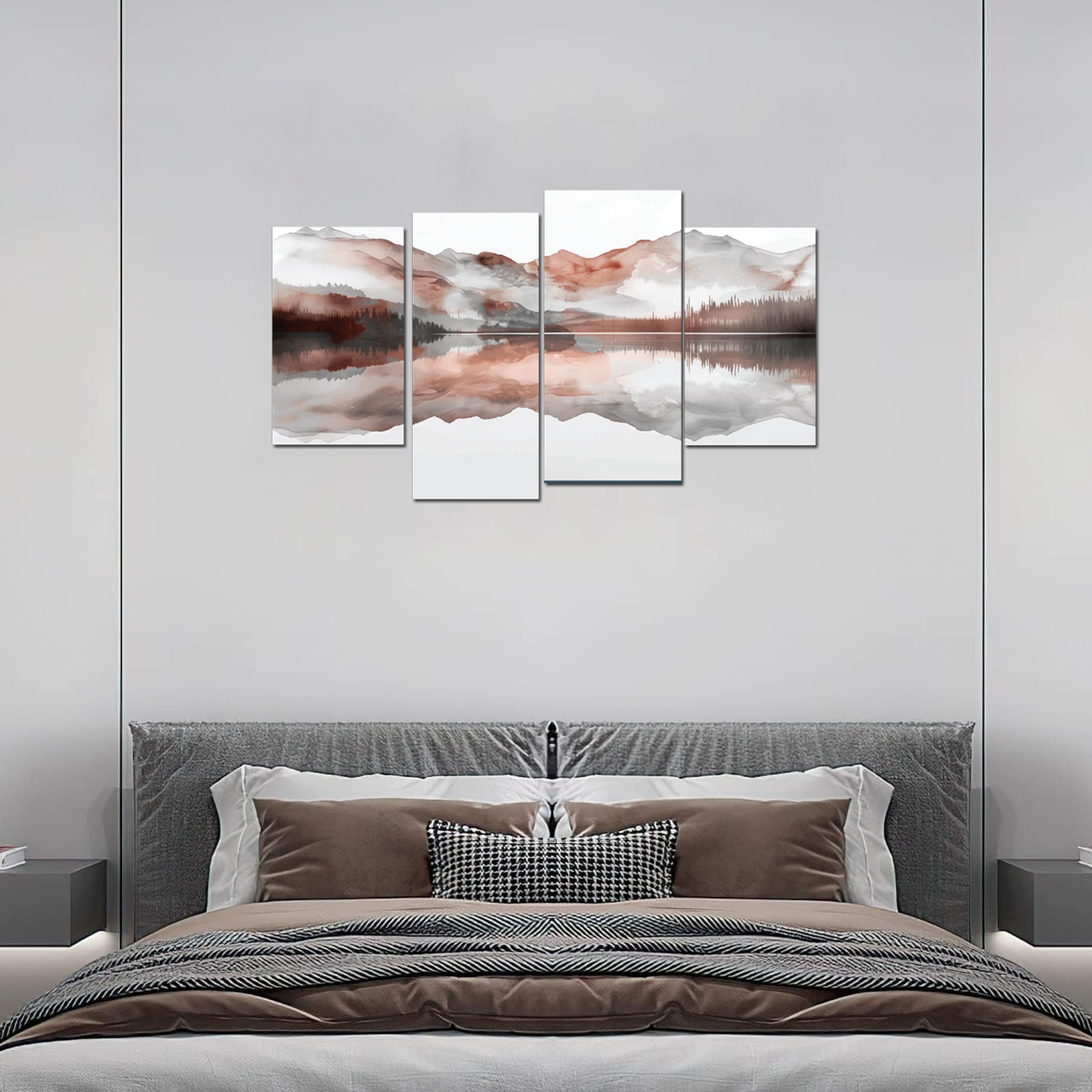 Canvas Painting 4 Pieces in 1 Mountain and Water Reflection Ready to Hang, Canvas Printed and Mounted on Board, No frame required, Buy and Hang
