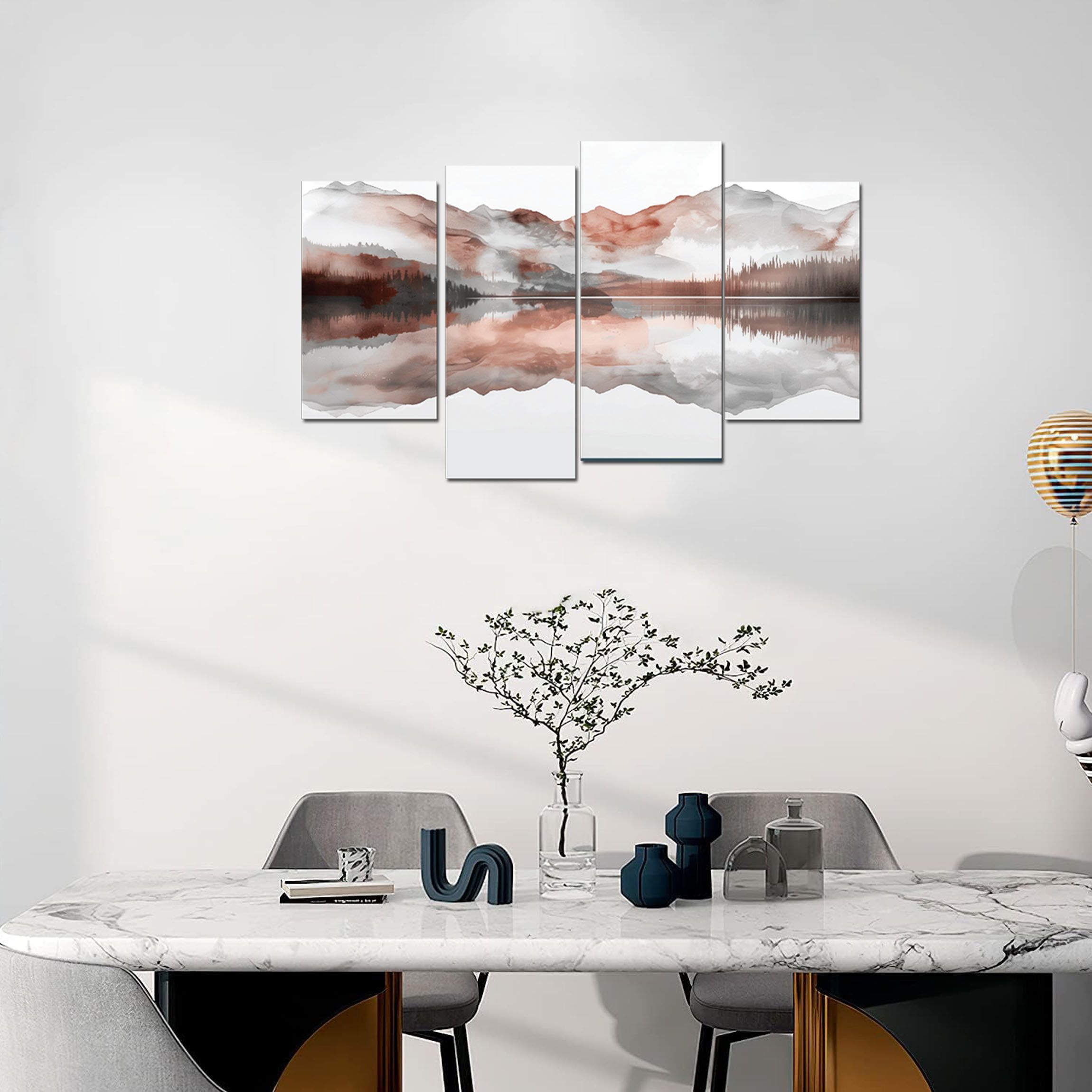 Canvas Painting 4 Pieces in 1 Mountain and Water Reflection Ready to Hang, Canvas Printed and Mounted on Board, No frame required, Buy and Hang