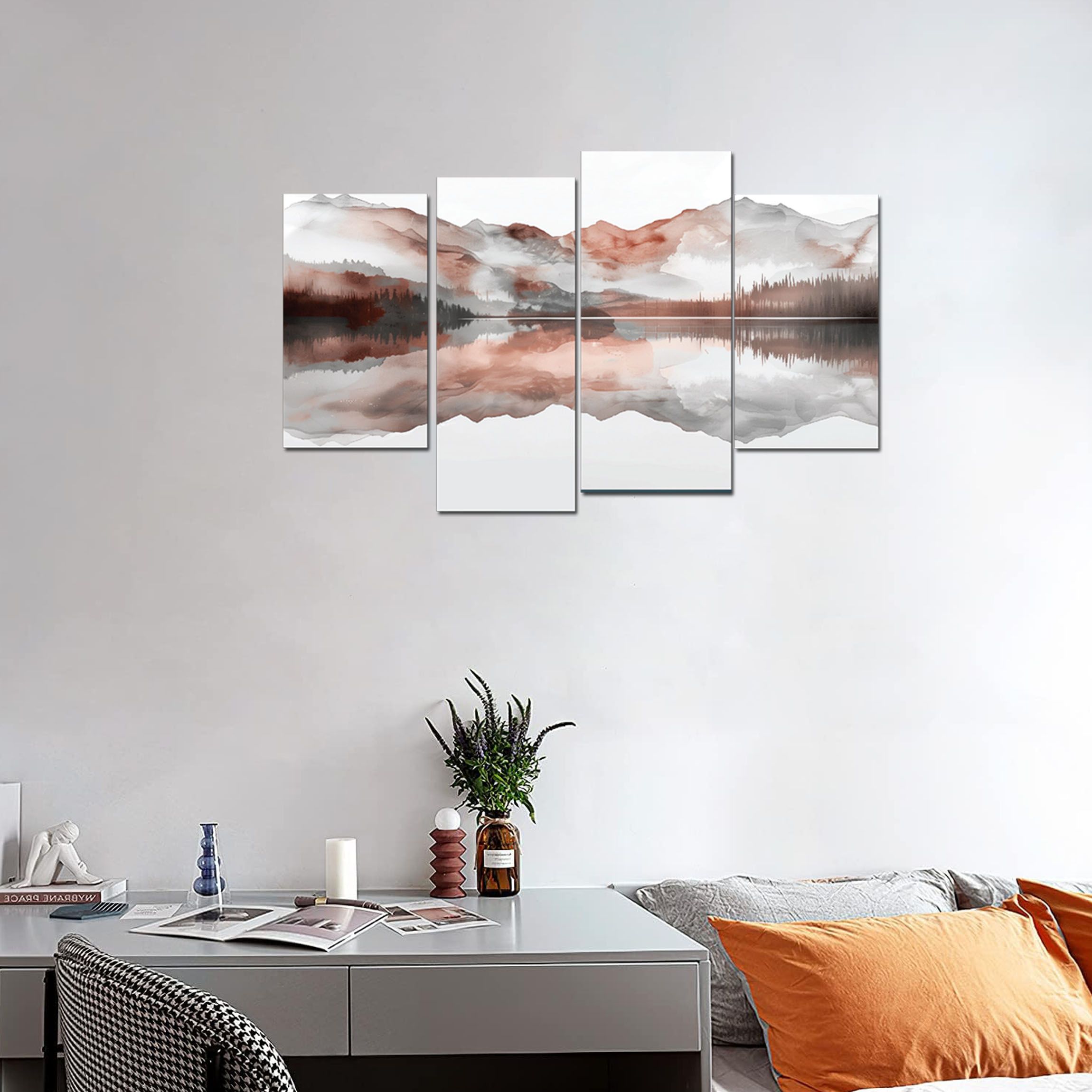 Canvas Painting 4 Pieces in 1 Mountain and Water Reflection Ready to Hang, Canvas Printed and Mounted on Board, No frame required, Buy and Hang