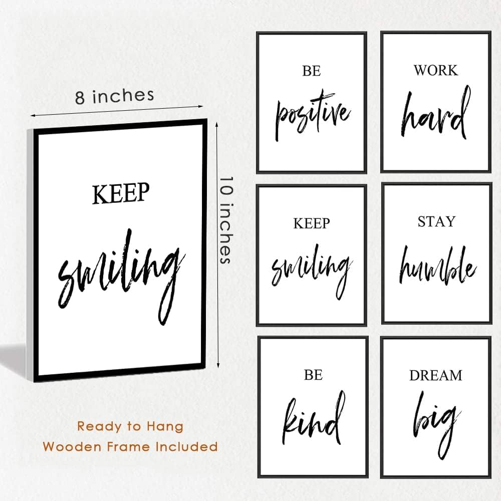 Set of 6 Inspirational Wall Art, Framed Motivational Canvas Wall Art Positive Quote for Living Room Bedroom Office, Stretched Ready to Hang (Set of 6, 8X10in, Framed)