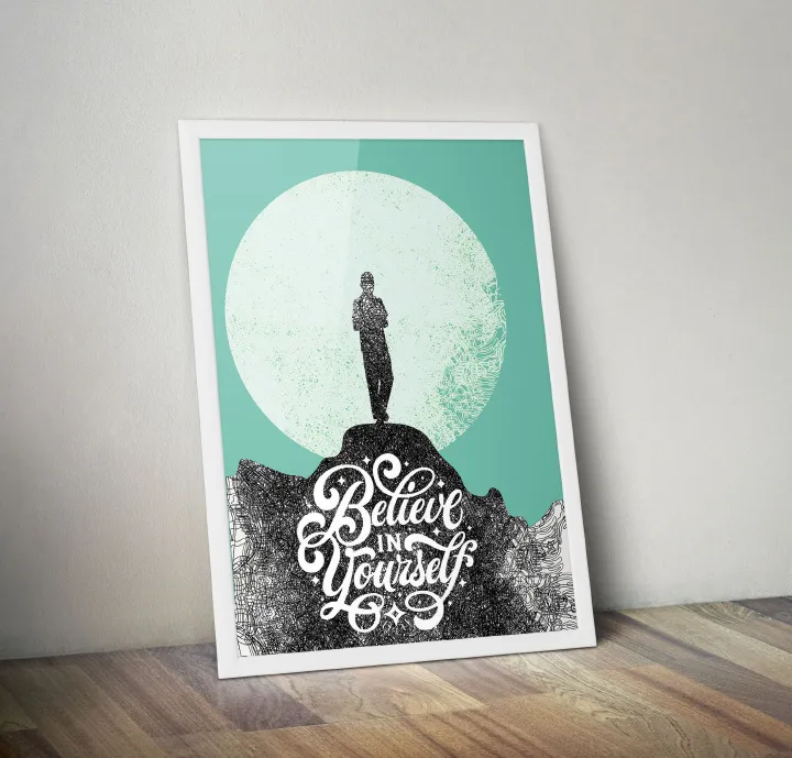 Framed Wall Art Posters with Quotes- Motivational Wall Decor quotes- Large A3 Size- Believe in Yourself, Never Give Up, No Limits, Green Background White Framed Poster- Birthday Gift, gifts for Him,