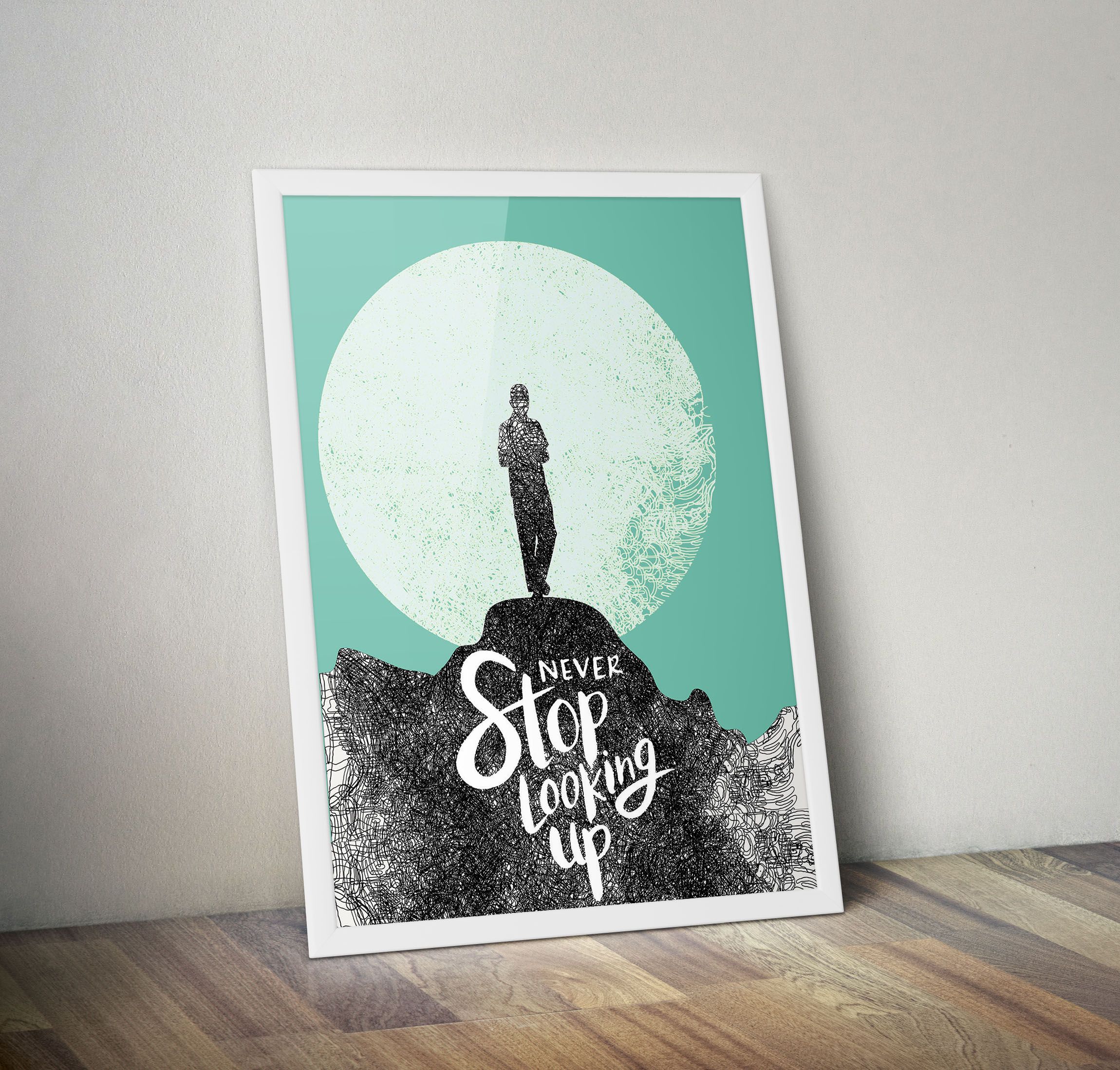 Framed Wall Art Posters with Quotes- Motivational Wall Decor quotes- Large A3 Size- Believe in Yourself, Never Give Up, No Limits, Green Background White Framed Poster- Birthday Gift, gifts for Him,