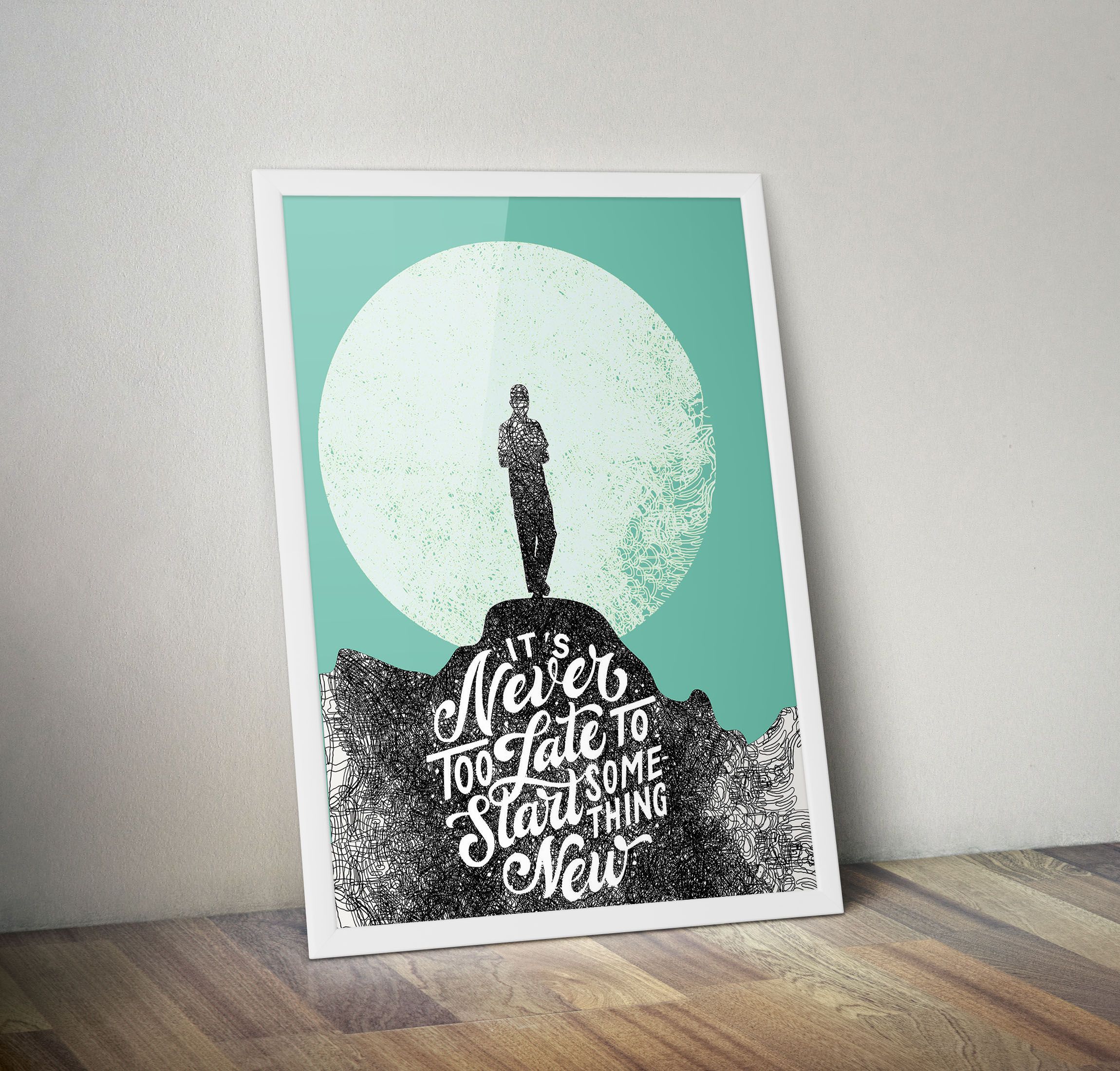 Framed Wall Art Posters with Quotes- Motivational Wall Decor quotes- Large A3 Size- Believe in Yourself, Never Give Up, No Limits, Green Background White Framed Poster- Birthday Gift, gifts for Him,