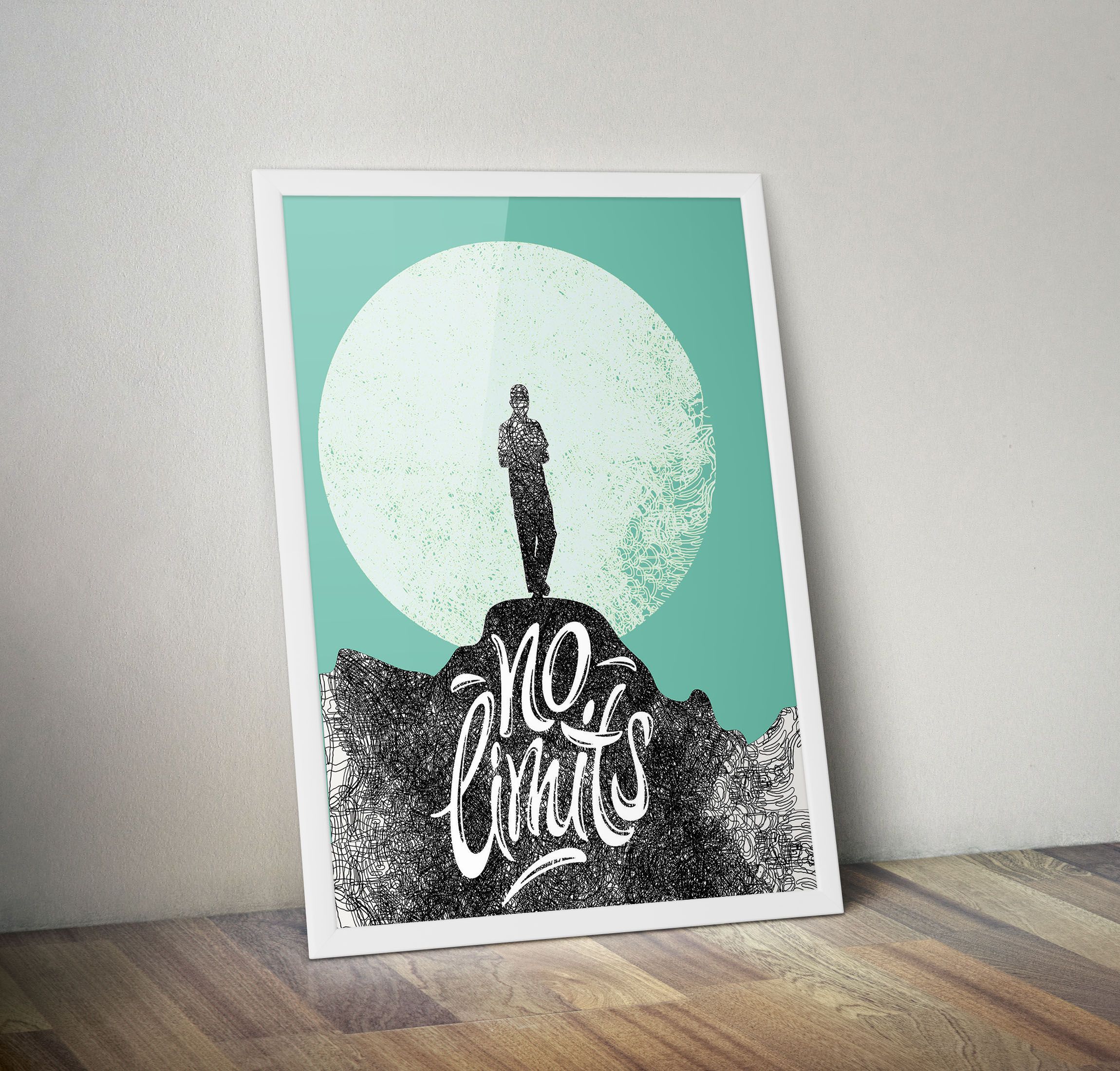 Framed Wall Art Posters with Quotes- Motivational Wall Decor quotes- Large A3 Size- Believe in Yourself, Never Give Up, No Limits, Green Background White Framed Poster- Birthday Gift, gifts for Him,