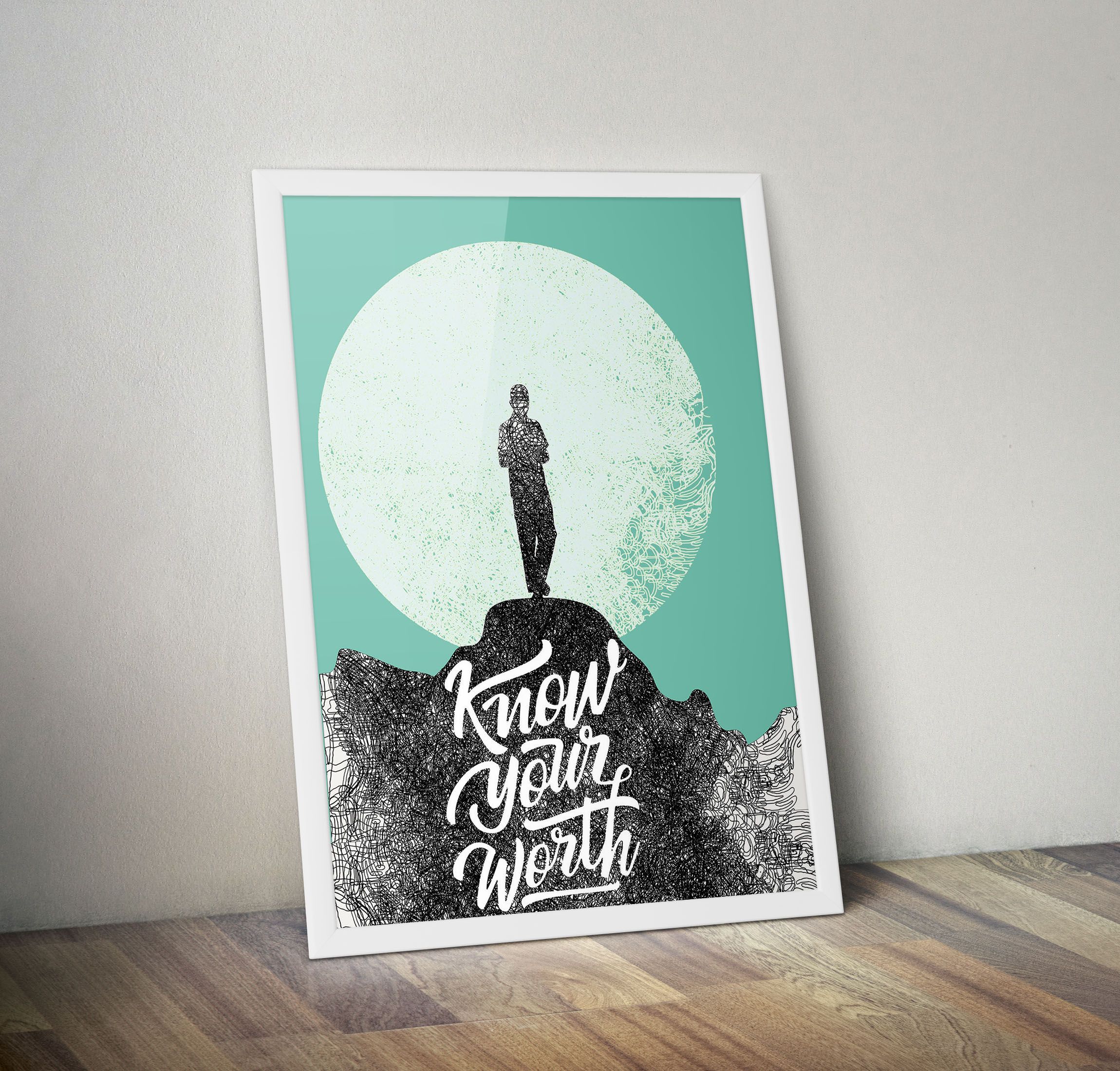 Framed Wall Art Posters with Quotes- Motivational Wall Decor quotes- Large A3 Size- Believe in Yourself, Never Give Up, No Limits, Green Background White Framed Poster- Birthday Gift, gifts for Him,