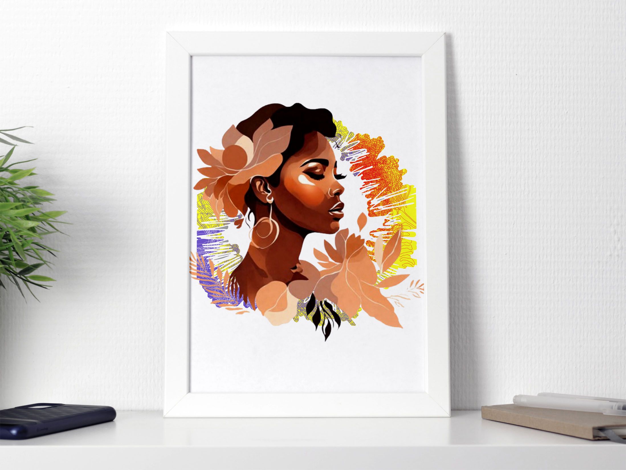 Modern Wall Art Decorations, Afro Woman Portrait Ready to hang, Colourful Kitty, SWhite Framed Colourful Wall Decor, Framed A4 Medium Size Posters Ready to Hang Home Decoration Nursery Kids Room Art