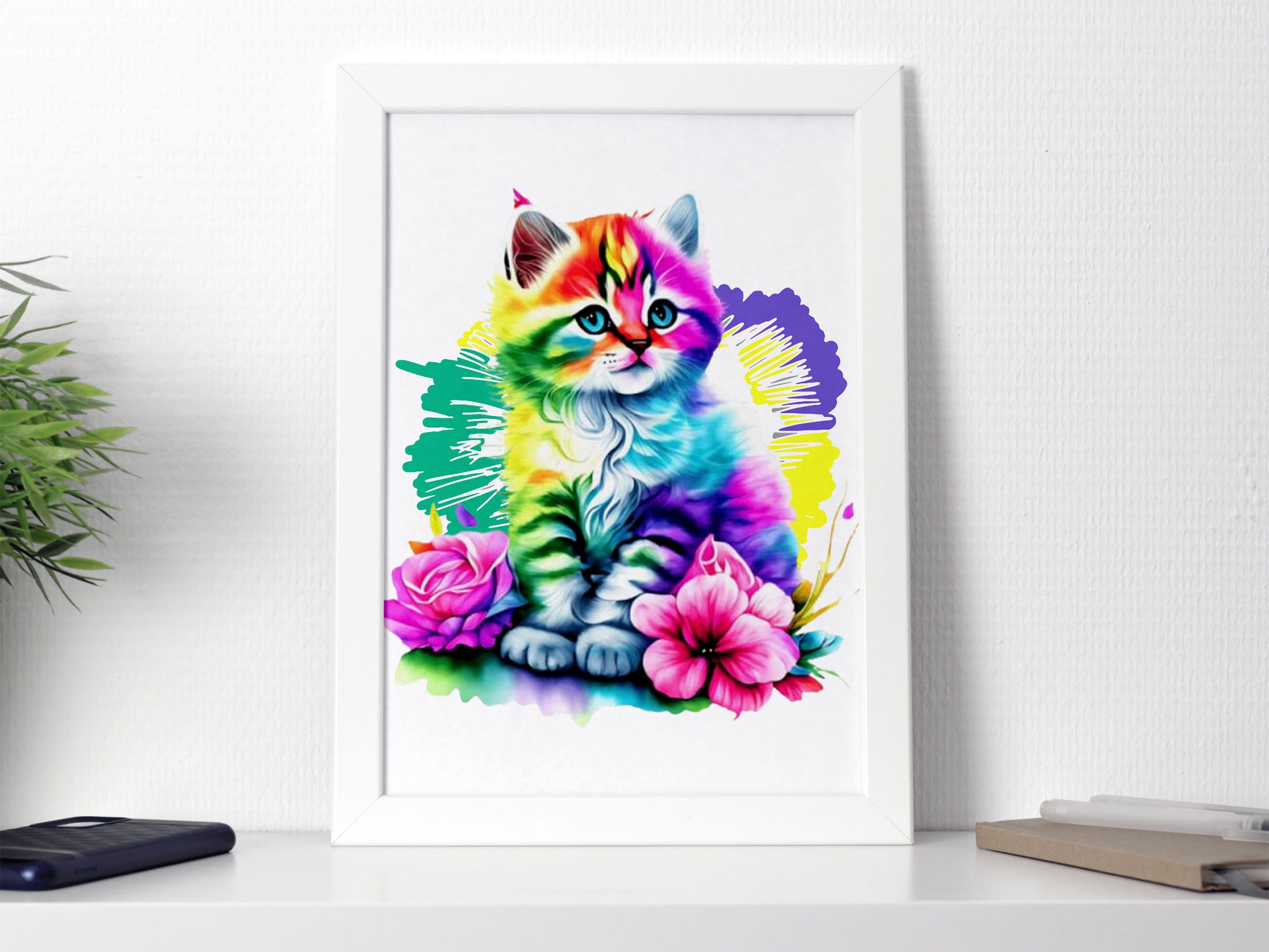 Modern Wall Art Decorations, Afro Woman Portrait Ready to hang, Colourful Kitty, SWhite Framed Colourful Wall Decor, Framed A4 Medium Size Posters Ready to Hang Home Decoration Nursery Kids Room Art