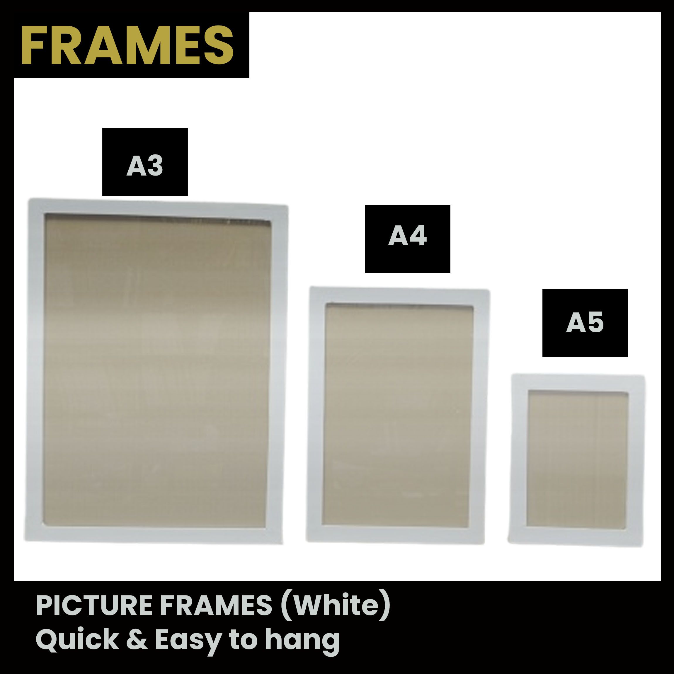 Elegant White Picture Frames – Solid Wood, Glass Front, Hanging Hardware Included (A3, A4, A5)