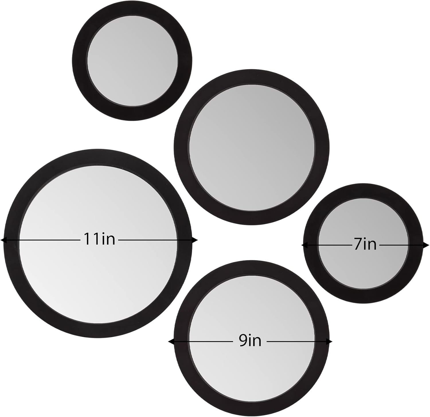 Assorted Set of 5 Round Mirrors for Vanity Bathroom Living Room Hallway Reflection, Black