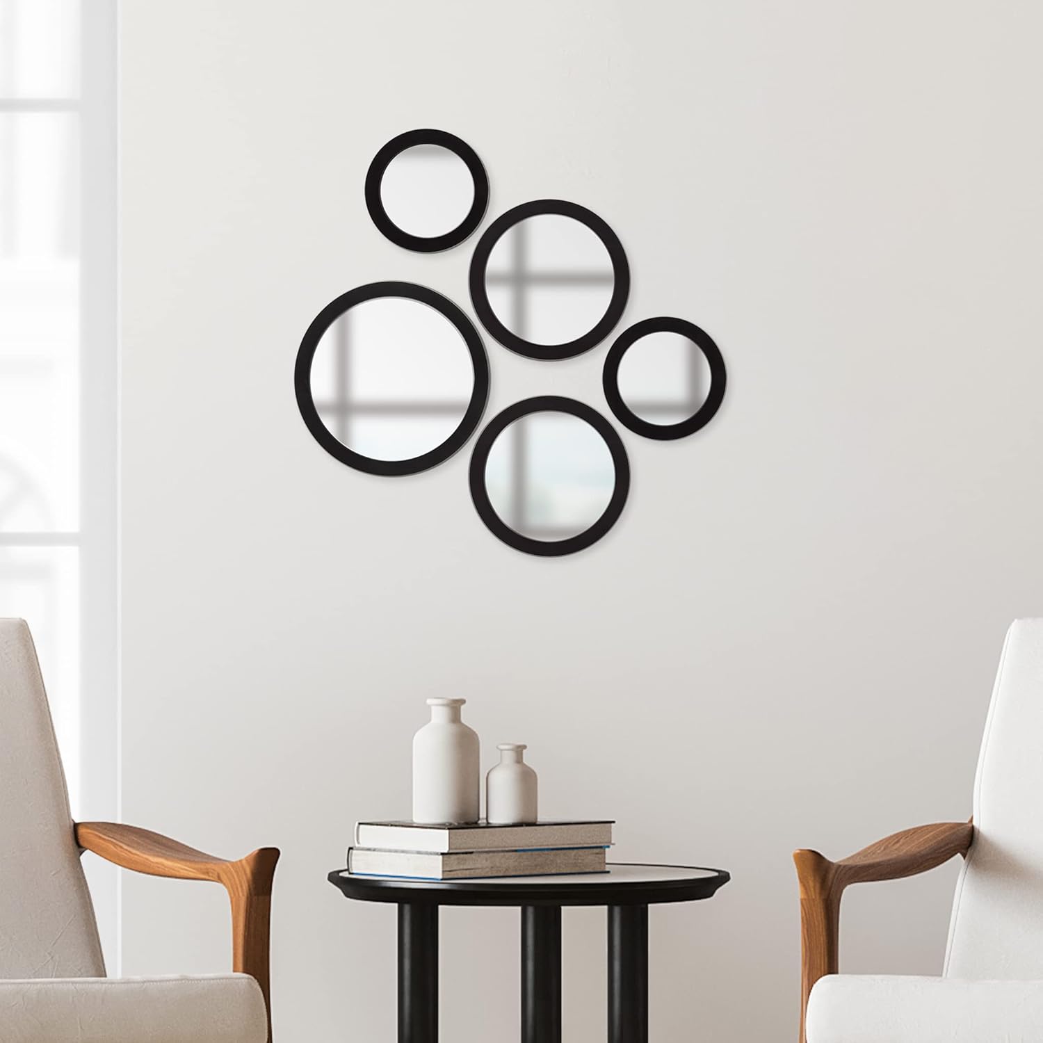 Assorted Set of 5 Round Mirrors for Vanity Bathroom Living Room Hallway Reflection, Black