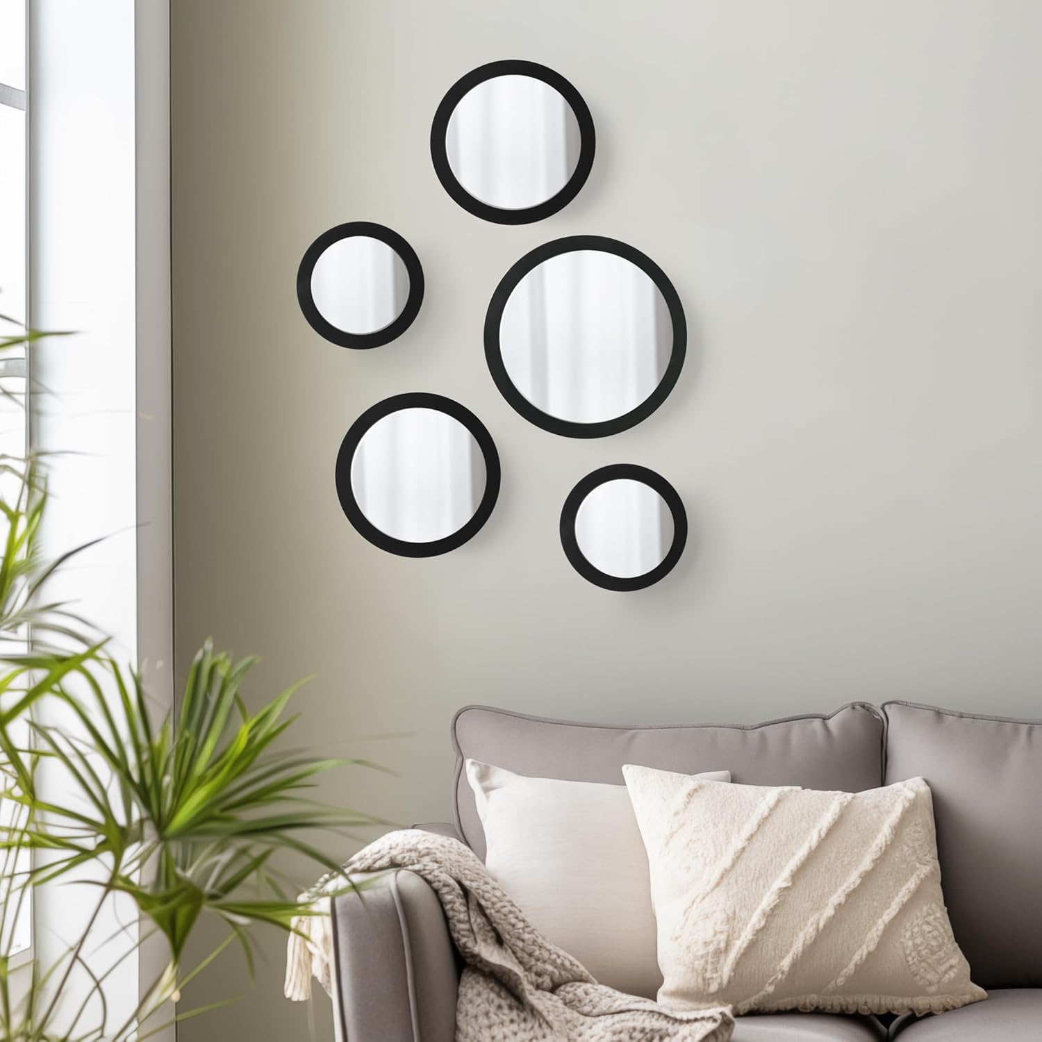 Assorted Set of 5 Round Mirrors for Vanity Bathroom Living Room Hallway Reflection, Black