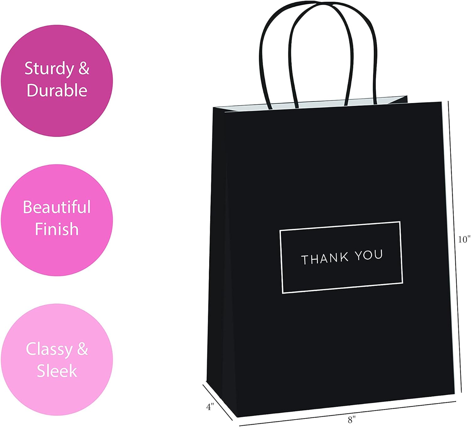 Thank You Paper Gift Bags with Handles  for Business Birthday Wedding Bridal Baby Shower Party Favors Goodies Available in Small, Medium and Large sizes Color Black with Gold Calligraphy Quote