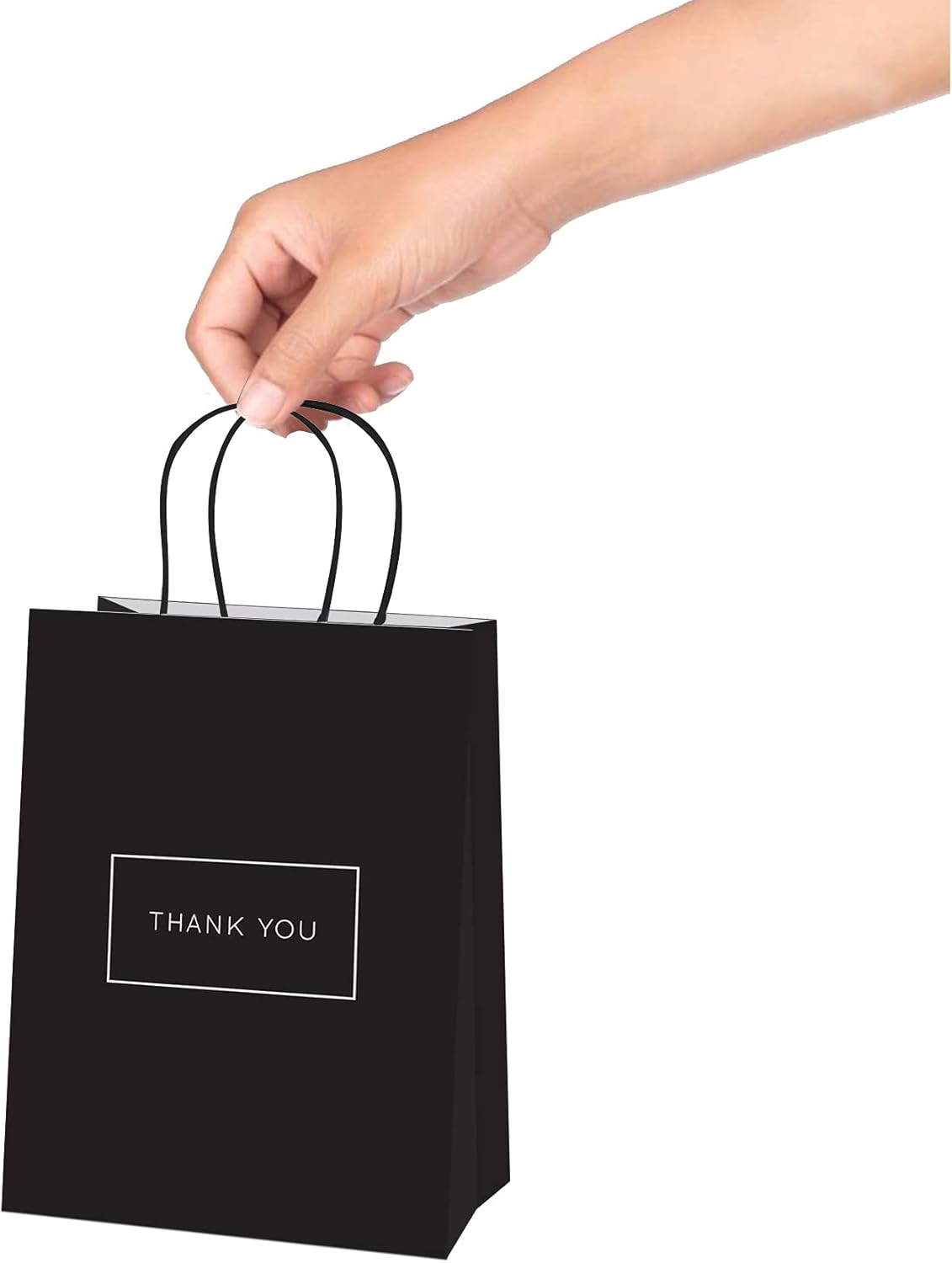 Thank You Paper Gift Bags with Handles  for Business Birthday Wedding Bridal Baby Shower Party Favors Goodies Available in Small, Medium and Large sizes Color Black with Gold Calligraphy Quote