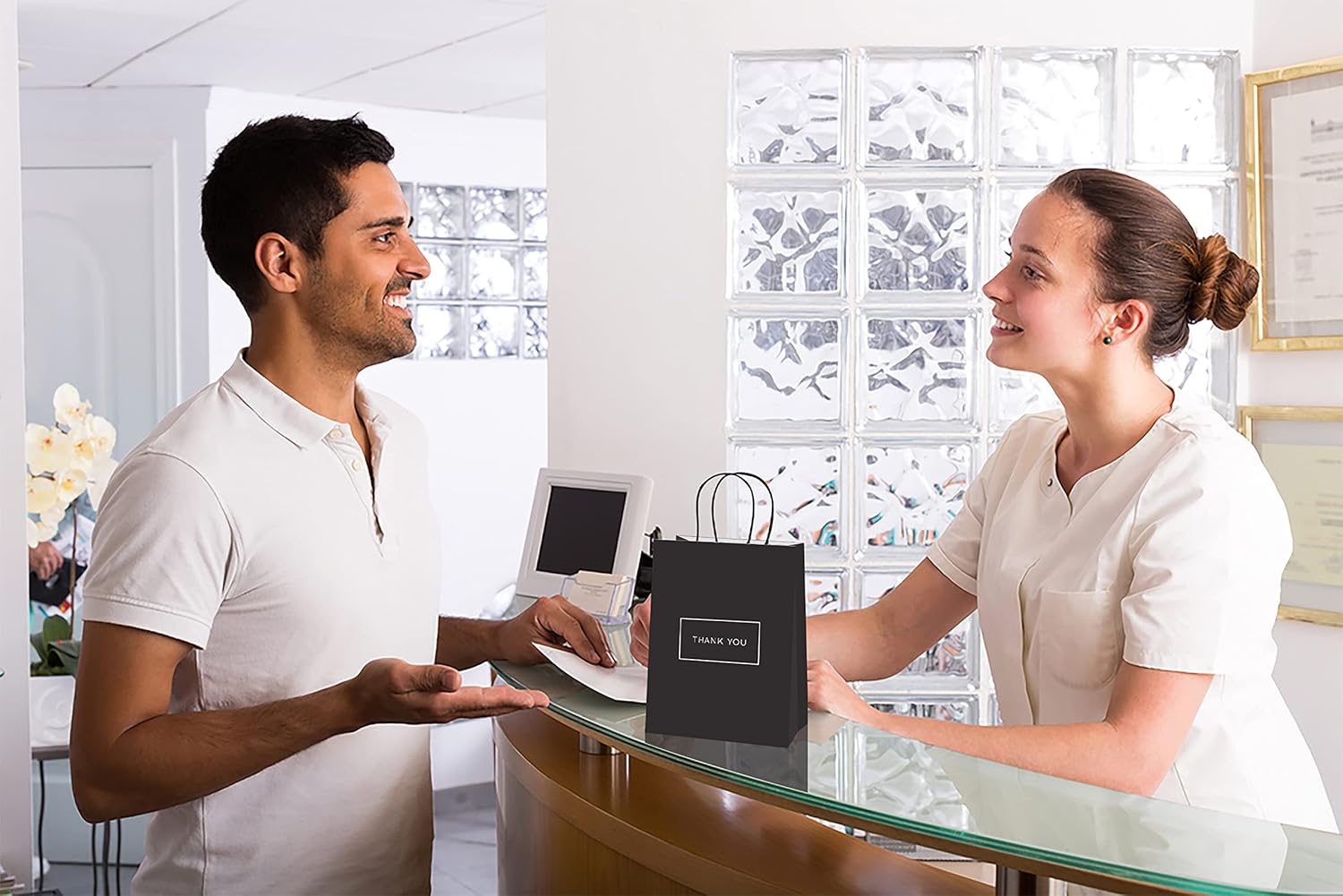 Thank You Paper Gift Bags with Handles  for Business Birthday Wedding Bridal Baby Shower Party Favors Goodies Available in Small, Medium and Large sizes Color Black with Gold Calligraphy Quote