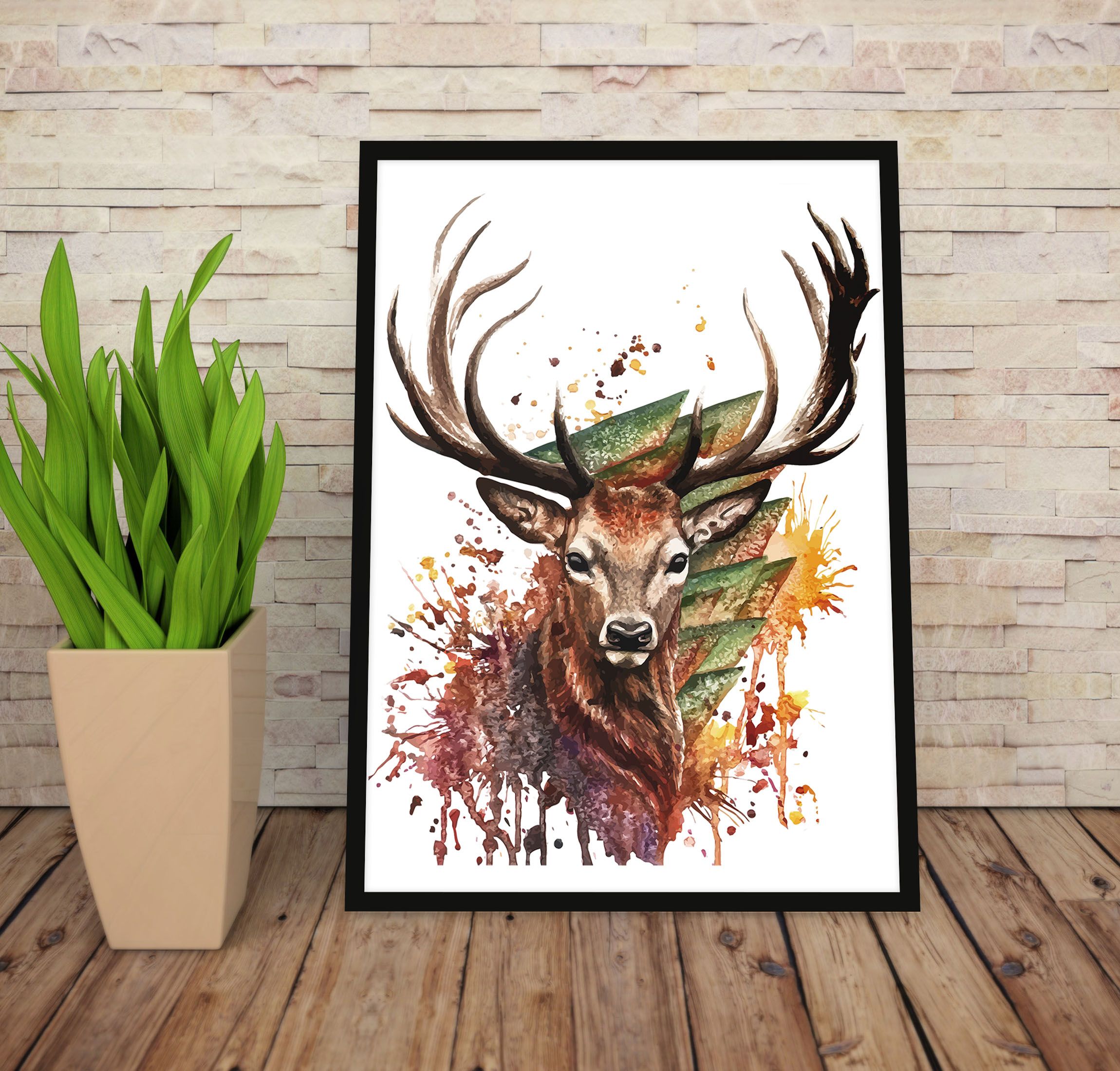 Watercolor Wildlife Wall Art – Black Framed Wood, A4 (9.5 x 11 in) with Unbreakable Glass | Ready to Hang | Reindeer & Lion Paintings | Stunning Home Decor at an Unbelievably Good Price