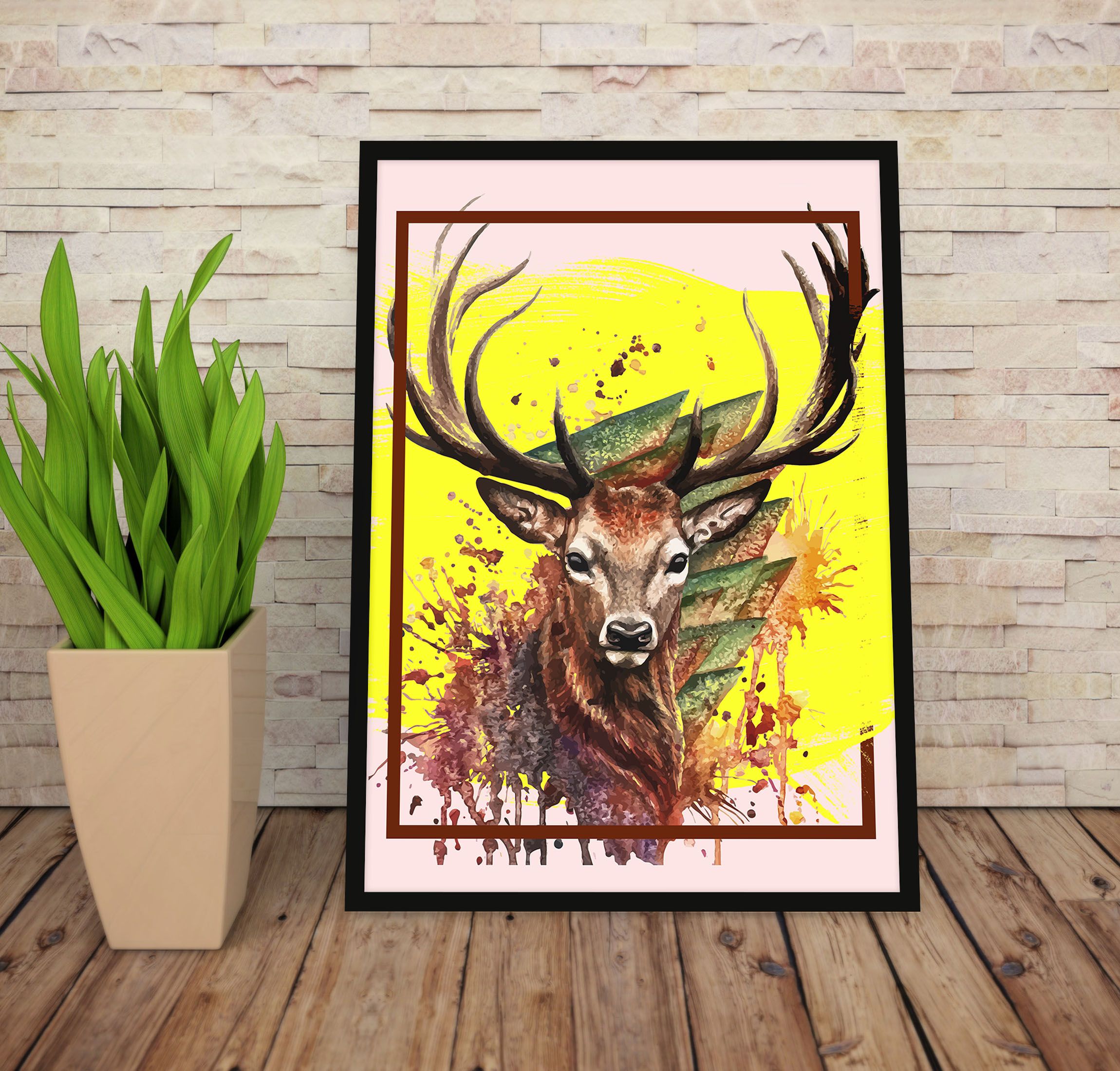 Watercolor Wildlife Wall Art – Black Framed Wood, A4 (9.5 x 11 in) with Unbreakable Glass | Ready to Hang | Reindeer & Lion Paintings | Stunning Home Decor at an Unbelievably Good Price