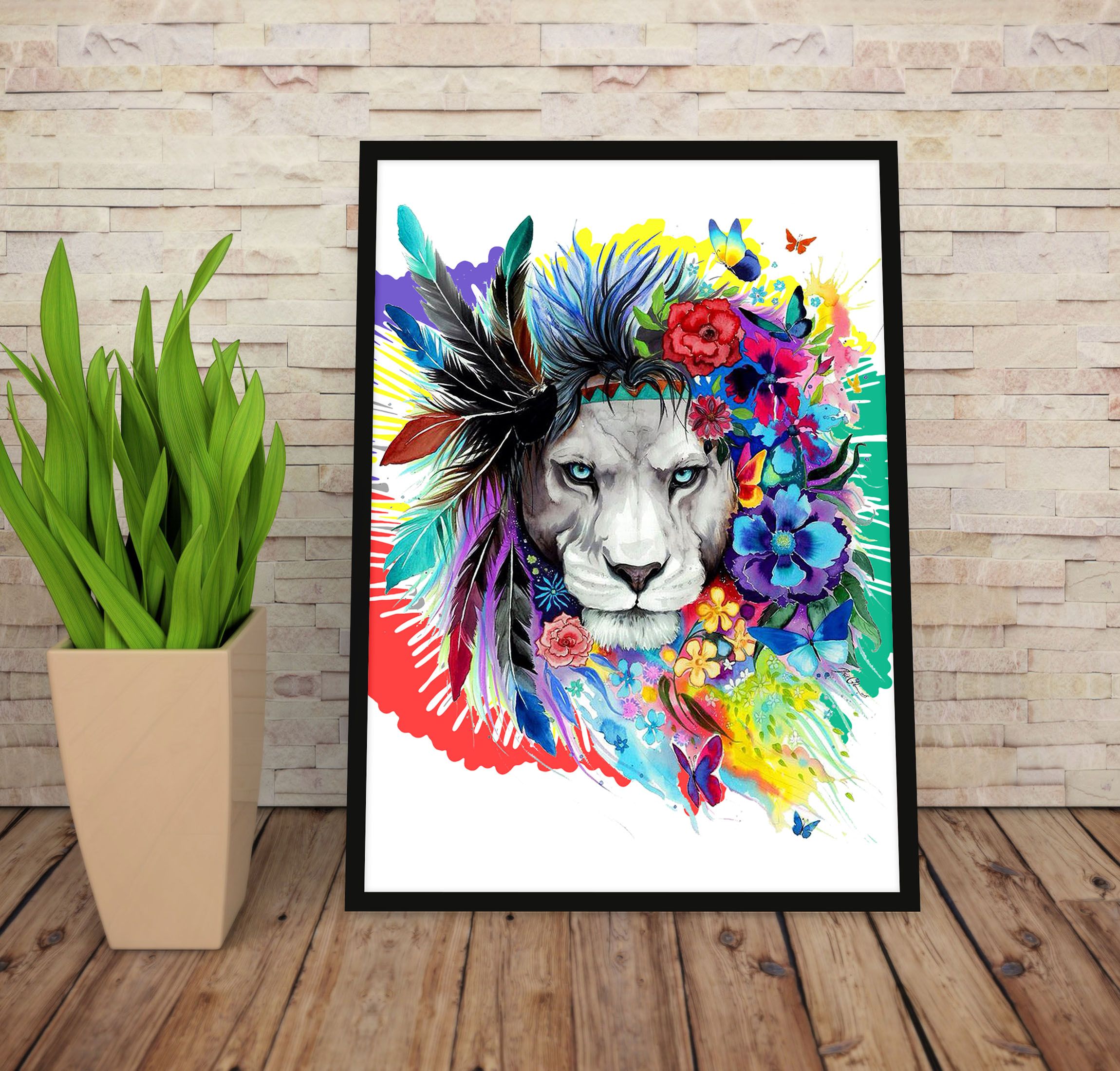 Watercolor Wildlife Wall Art – Black Framed Wood, A4 (9.5 x 11 in) with Unbreakable Glass | Ready to Hang | Reindeer & Lion Paintings | Stunning Home Decor at an Unbelievably Good Price