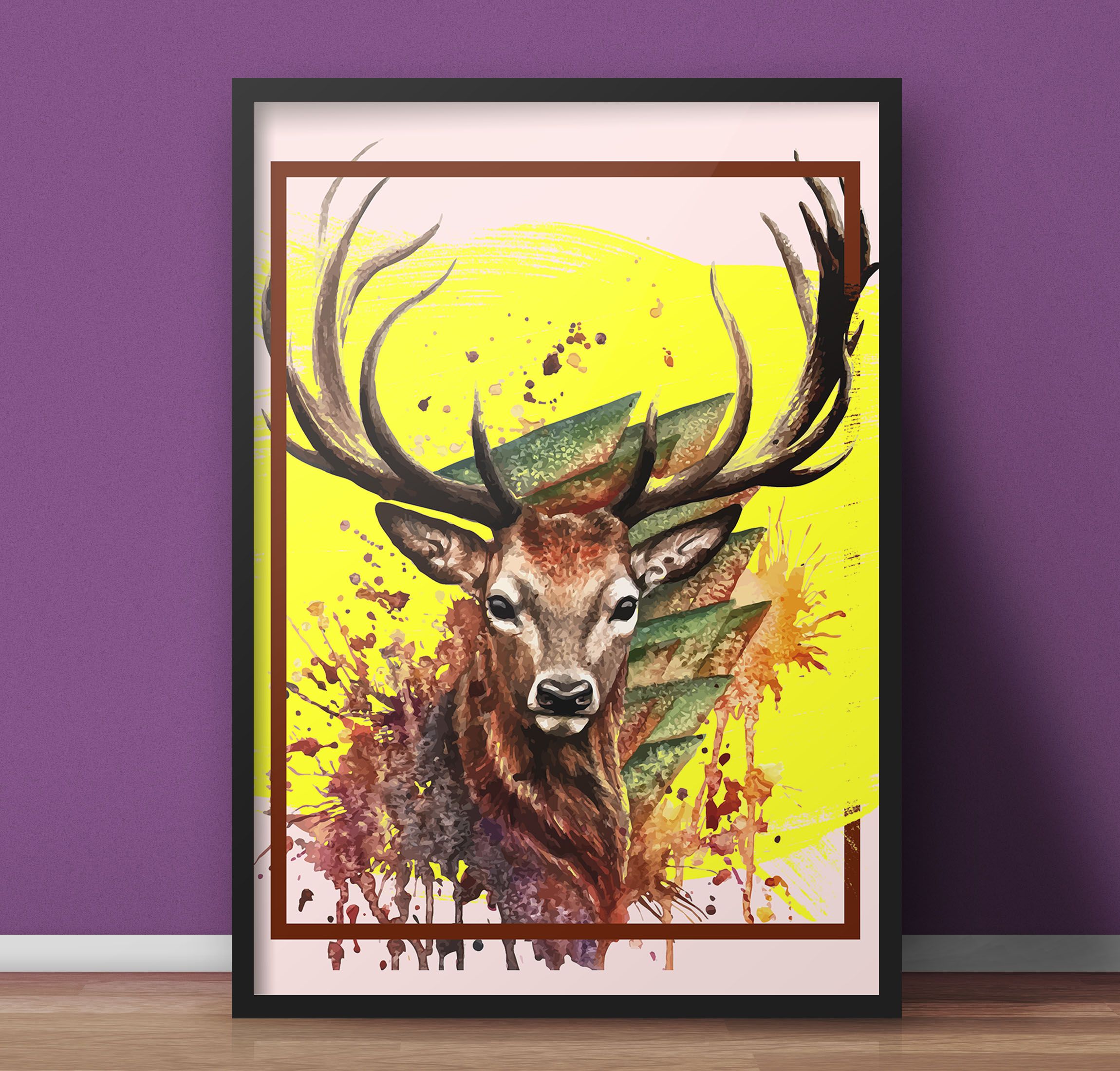 Watercolor Wildlife Wall Art – Black Framed Wood, A4 (9.5 x 11 in) with Unbreakable Glass | Ready to Hang | Reindeer & Lion Paintings | Stunning Home Decor at an Unbelievably Good Price