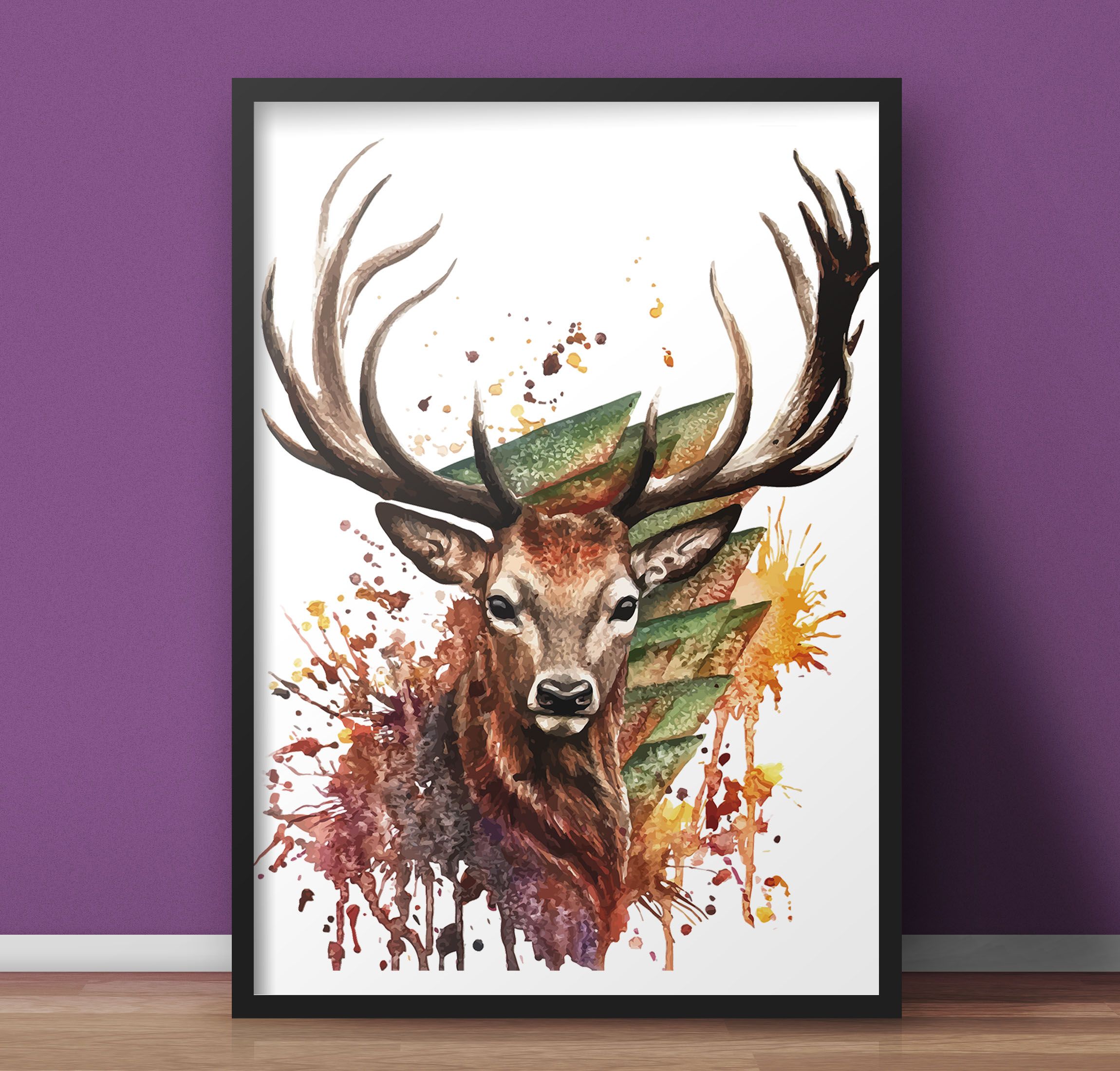 Watercolor Wildlife Wall Art – Black Framed Wood, A4 (9.5 x 11 in) with Unbreakable Glass | Ready to Hang | Reindeer & Lion Paintings | Stunning Home Decor at an Unbelievably Good Price