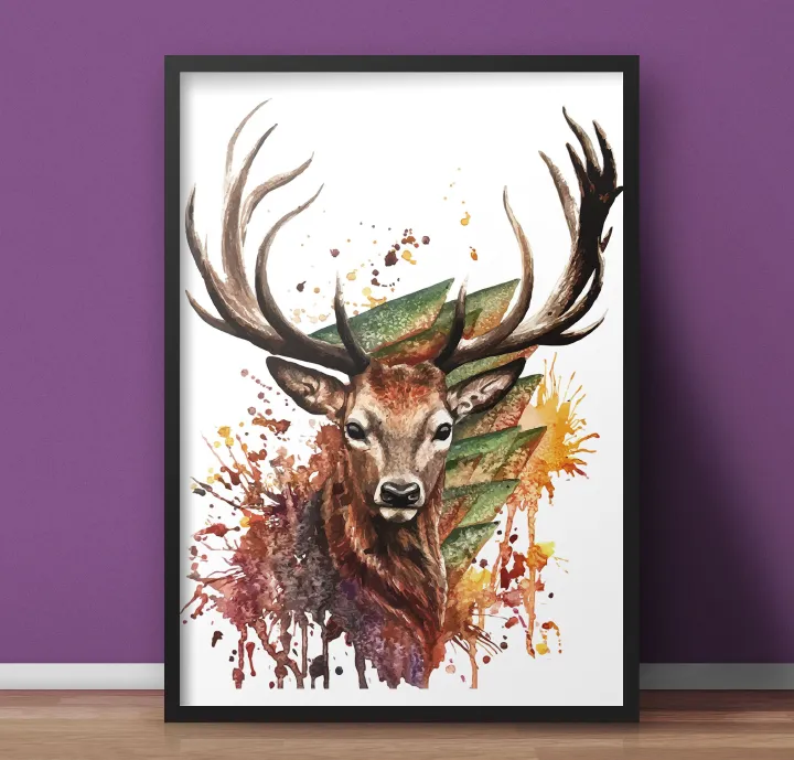 Watercolor Wildlife Wall Art – Black Framed Wood, A4 (9.5 x 11 in) with Unbreakable Glass | Ready to Hang | Reindeer & Lion Paintings | Stunning Home Decor at an Unbelievably Good Price