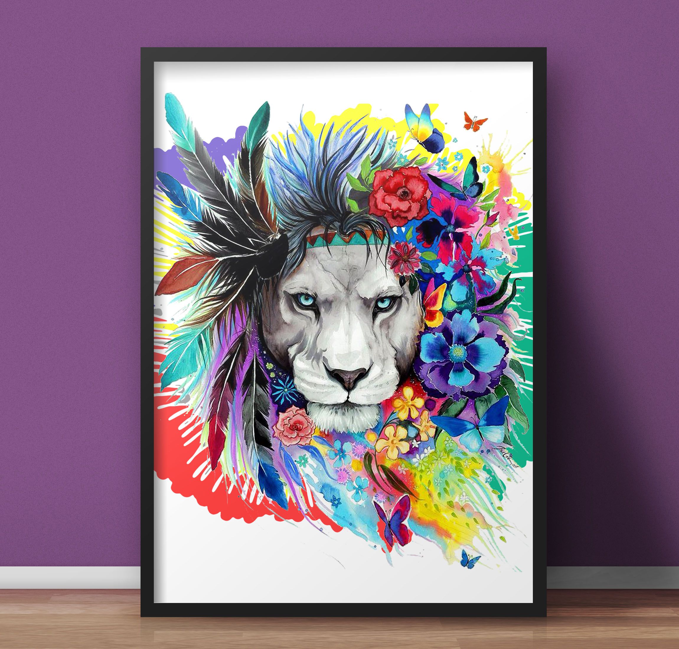 Watercolor Wildlife Wall Art – Black Framed Wood, A4 (9.5 x 11 in) with Unbreakable Glass | Ready to Hang | Reindeer & Lion Paintings | Stunning Home Decor at an Unbelievably Good Price