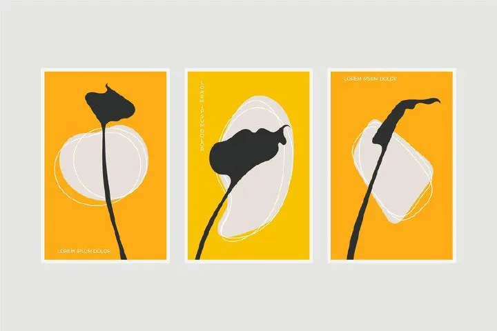 Abstract Wall Art Set of 3 Framed Poster Ready to Hang Medium Size A4 Print Monstera Leaves, mountain Scene, Landscape Drawing Tropical Plants Prints Wall Decor for Living Room Bedroom Home Decoration