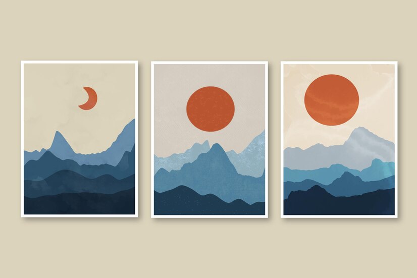 Abstract Wall Art Set of 3 Framed Poster Ready to Hang Medium Size A4 Print Monstera Leaves, mountain Scene, Landscape Drawing Tropical Plants Prints Wall Decor for Living Room Bedroom Home Decoration