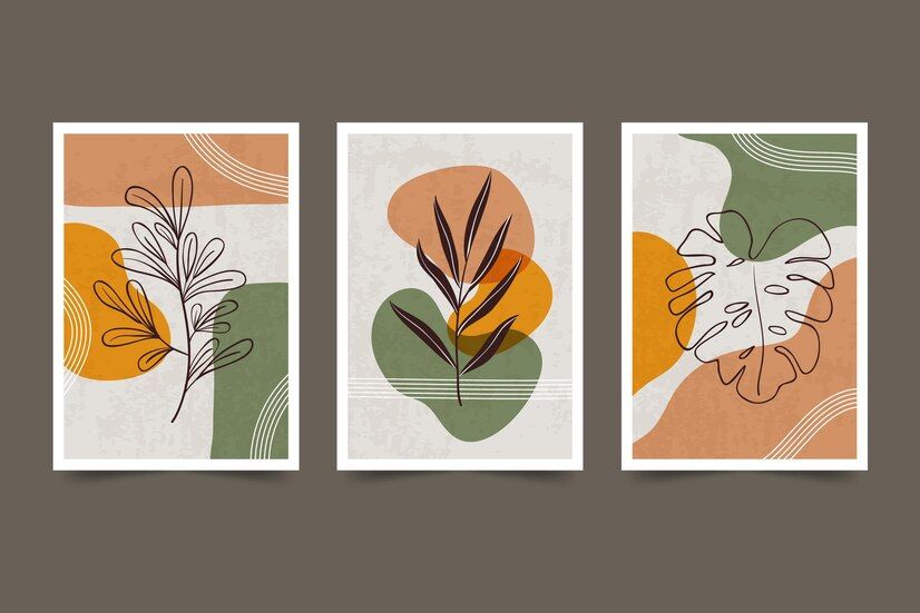 Abstract Wall Art Set of 3 Framed Poster Ready to Hang Medium Size A4 Print Monstera Leaves, mountain Scene, Landscape Drawing Tropical Plants Prints Wall Decor for Living Room Bedroom Home Decoration