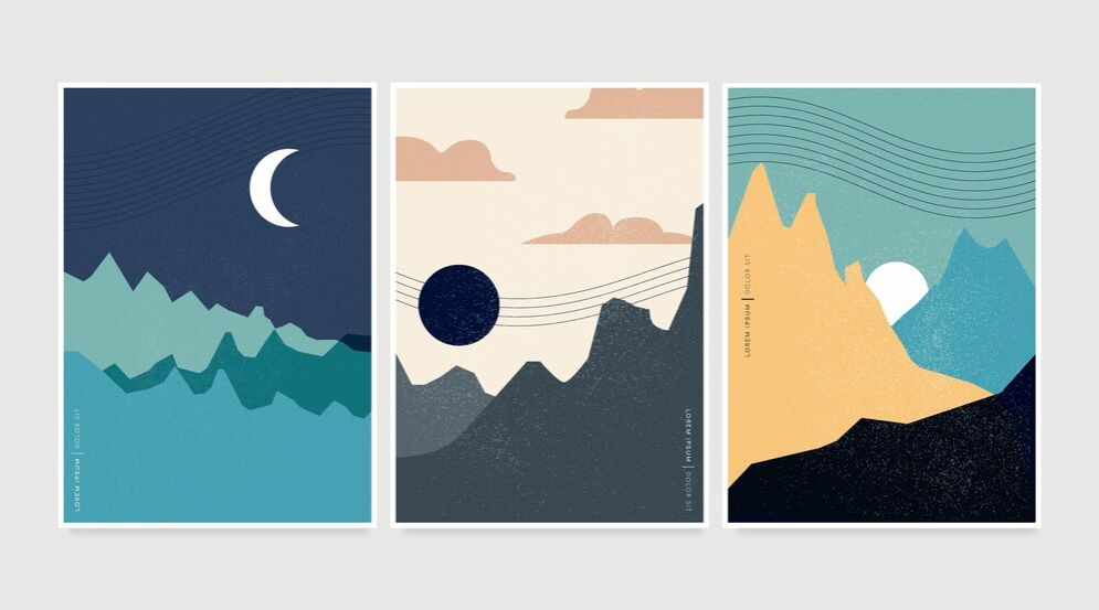 Abstract Wall Art Set of 3 Framed Poster Ready to Hang Medium Size A4 Print Monstera Leaves, mountain Scene, Landscape Drawing Tropical Plants Prints Wall Decor for Living Room Bedroom Home Decoration