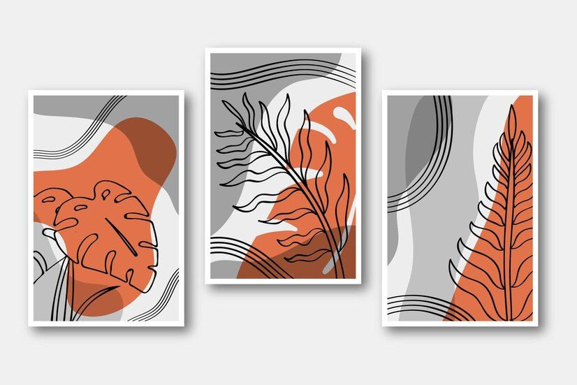 Abstract Wall Art Set of 3 Framed Poster Ready to Hang Medium Size A4 Print Monstera Leaves, mountain Scene, Landscape Drawing Tropical Plants Prints Wall Decor for Living Room Bedroom Home Decoration