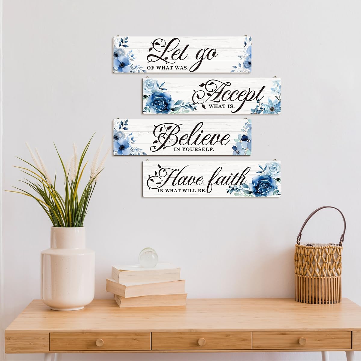 Assorted wooden Wall Hanging for bathroom decor-Soak, Relax, Unwind, Breathe,  4 Canvas Mounted Plaques- Let Go, Accept, Believe, Have Faith Woodn  Home Wall Signs, Wall Decor For Living Room Bedroom,