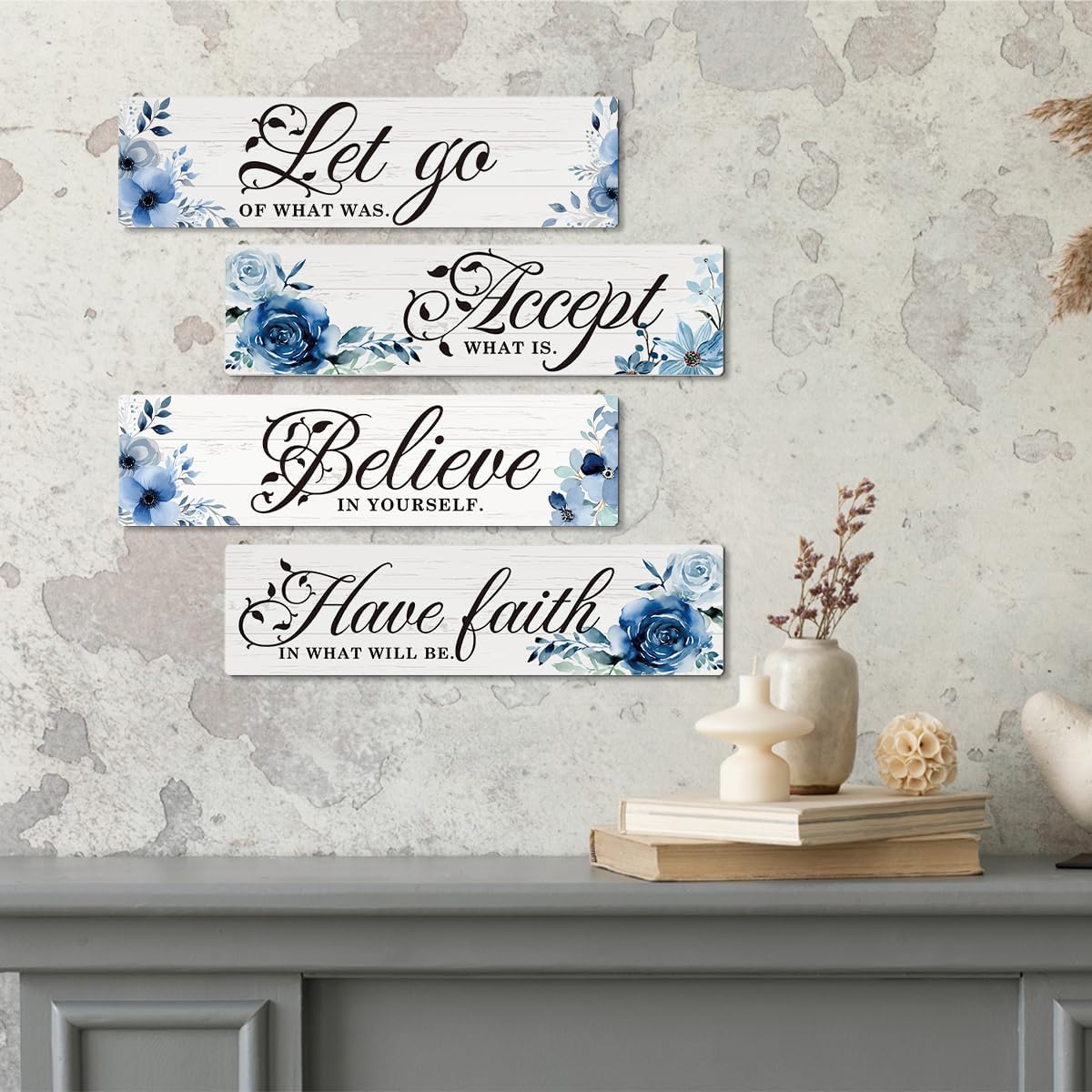 Assorted wooden Wall Hanging for bathroom decor-Soak, Relax, Unwind, Breathe,  4 Canvas Mounted Plaques- Let Go, Accept, Believe, Have Faith Woodn  Home Wall Signs, Wall Decor For Living Room Bedroom,