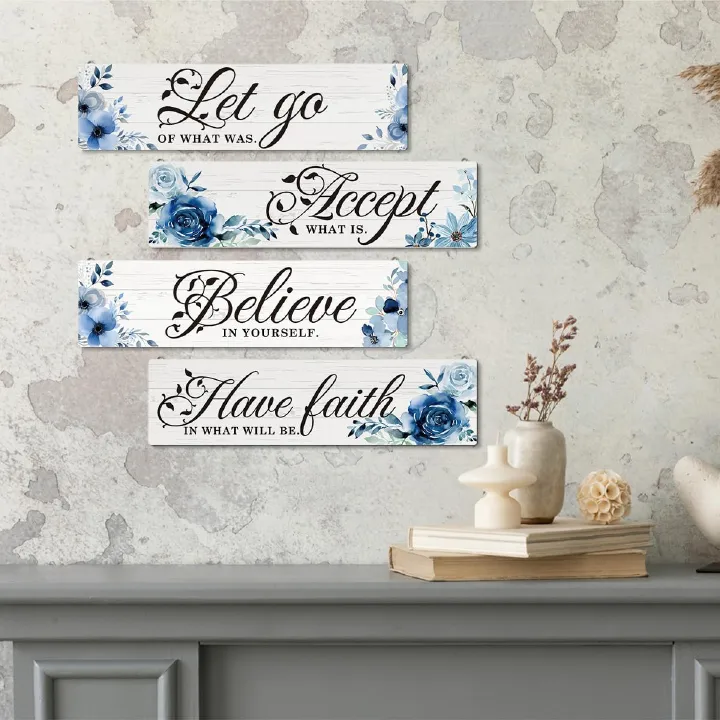 Assorted wooden Wall Hanging for bathroom decor-Soak, Relax, Unwind, Breathe,  4 Canvas Mounted Plaques- Let Go, Accept, Believe, Have Faith Woodn  Home Wall Signs, Wall Decor For Living Room Bedroom,