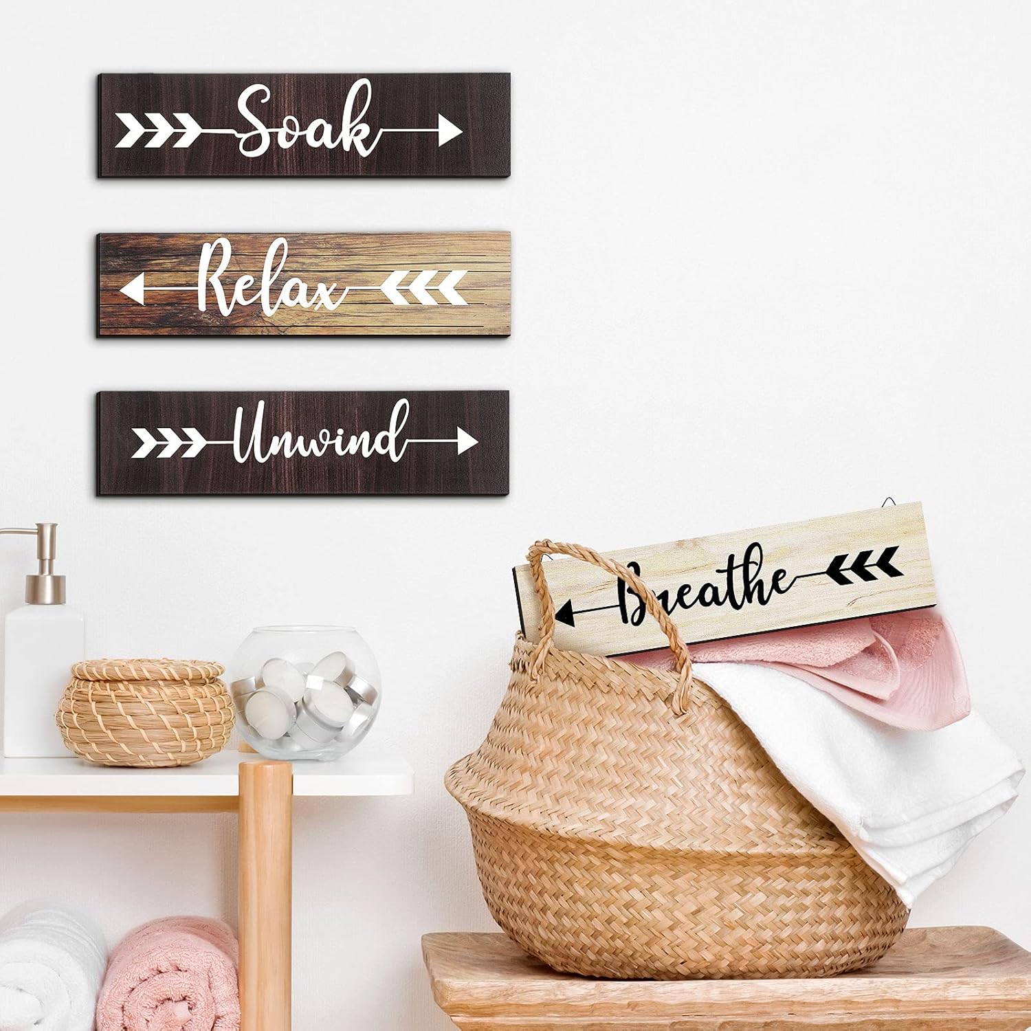 Assorted wooden Wall Hanging for bathroom decor-Soak, Relax, Unwind, Breathe,  4 Canvas Mounted Plaques- Let Go, Accept, Believe, Have Faith Woodn  Home Wall Signs, Wall Decor For Living Room Bedroom,