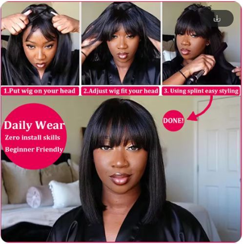 200 Density Short Human Hair Wigs for Women Human Hair Straight Bob Wig with Fringe Machine Made Wigs Perruque Cheveux Humain Straight Human Hair Wigs With Bangs Short Bob Human Hair Wigs