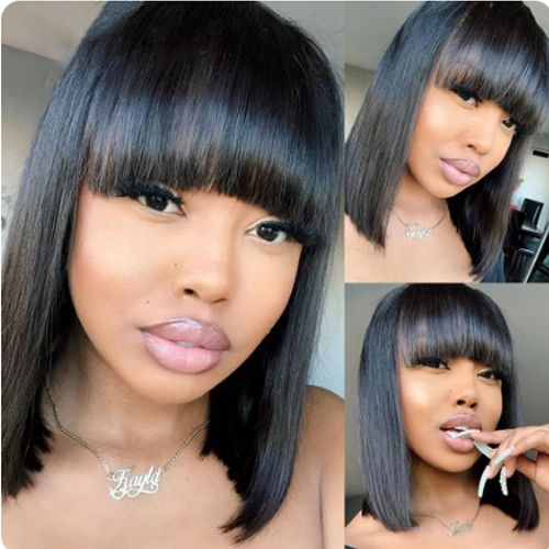 200 Density Short Human Hair Wigs for Women Human Hair Straight Bob Wig with Fringe Machine Made Wigs Perruque Cheveux Humain Straight Human Hair Wigs With Bangs Short Bob Human Hair Wigs