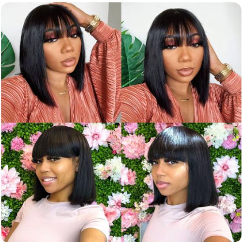 200 Density Short Human Hair Wigs for Women Human Hair Straight Bob Wig with Fringe Machine Made Wigs Perruque Cheveux Humain Straight Human Hair Wigs With Bangs Short Bob Human Hair Wigs