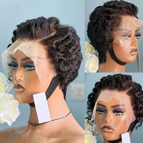 Pixie Curly 100% Human Hair Wig 13x4 Short Bob Wig Pixie Cut Natural Black Color Lace Frontal Human Hair Wigs for Black Women