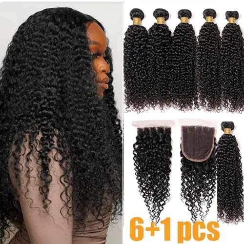 6+1pcs Human Hair Bundles with Closure Afro Kinky Curly Human Hair Bundles Curly Hair Bundles Brazilian Natural Black Remy Hair 100% bundles 14"  16" 18"+12" 4*4 lace closure