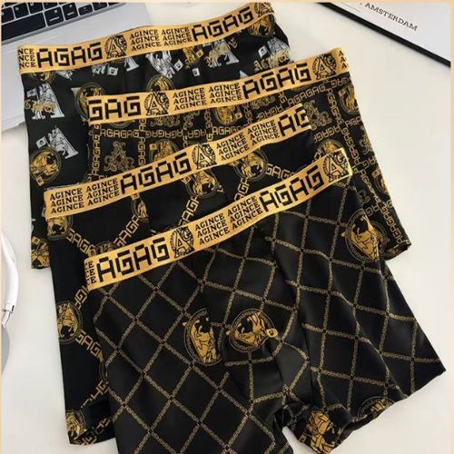 4pcs/multi-style men's underwear, black and gold printed boxer briefs, trendy personality briefs men's comfortable boxers