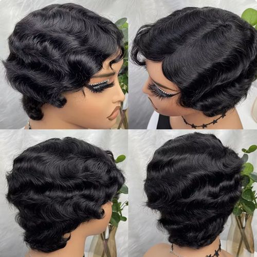 Human Hair Finger Wave Wig Natural Color Human Hair Wig Machine Short Wigs Human Hair Wigs For Women Pixie Cut
