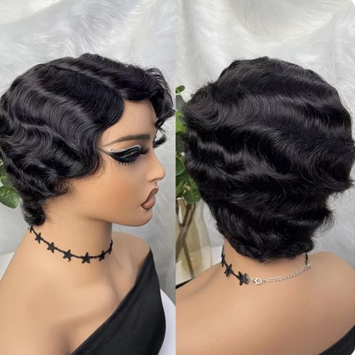 Human Hair Finger Wave Wig Natural Color Human Hair Wig Machine Short Wigs Human Hair Wigs For Women Pixie Cut
