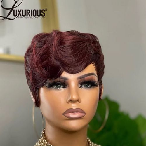 Ombre Brown Pixie Cut Human Hair Wigs With Bang Highlight Burgundy Fully Machine Made Wigs Human Hair Short Bob Wigs For Black